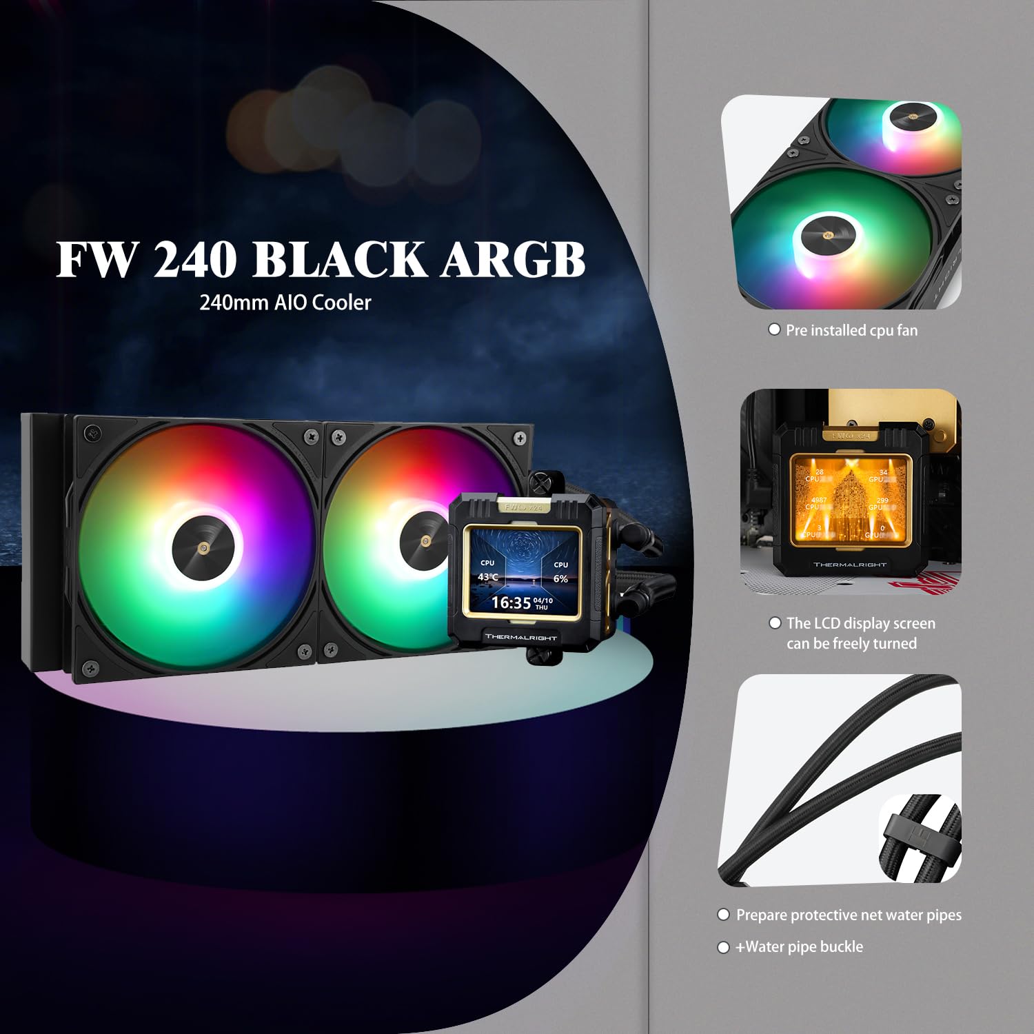 TR-Thermalright FW240 - Dispositivo di raffreddamento per CPU liquido ARGB, schermo LCD IPS da 2,4 pollici con risoluzione 320 x 240, magnetico, tema schermo fai da te, per AM4/AM5, LGA1851/1700/115x