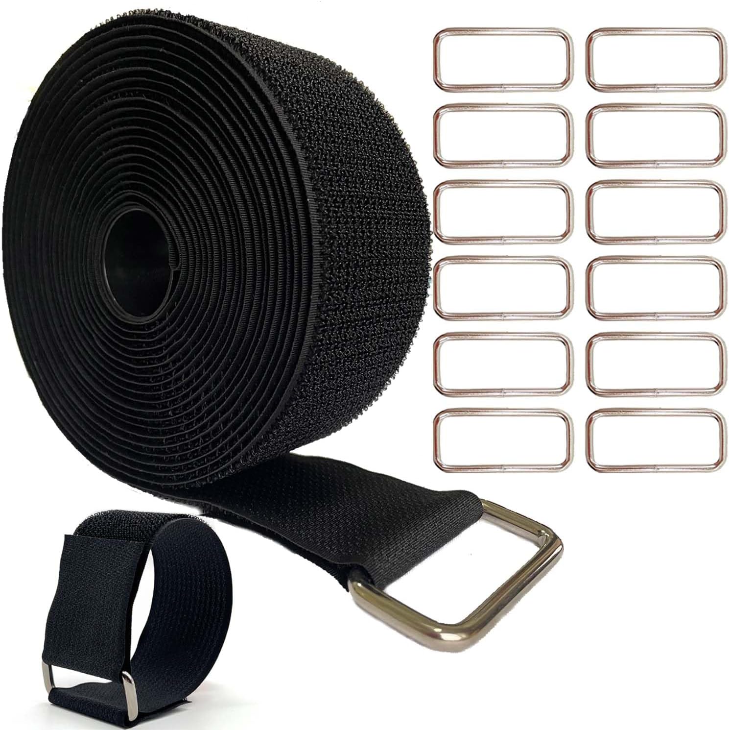 Wide 2" ×16 Ft Long Hook and Loop Cable Straps with 12 Heavy Metal Buckles, Adjustable Nylon Tie Down Straps,Free Cut Length and Width, Reusable, Black