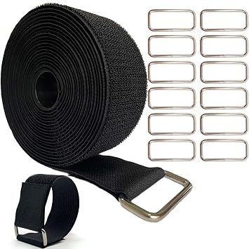 Wide 2" 16 Ft Long Hook and Loop Cable Straps with 12 Heavy Metal Buckles, Adjustable Nylon Tie Down Straps,Free Cut Length and Width, Reusable, Black