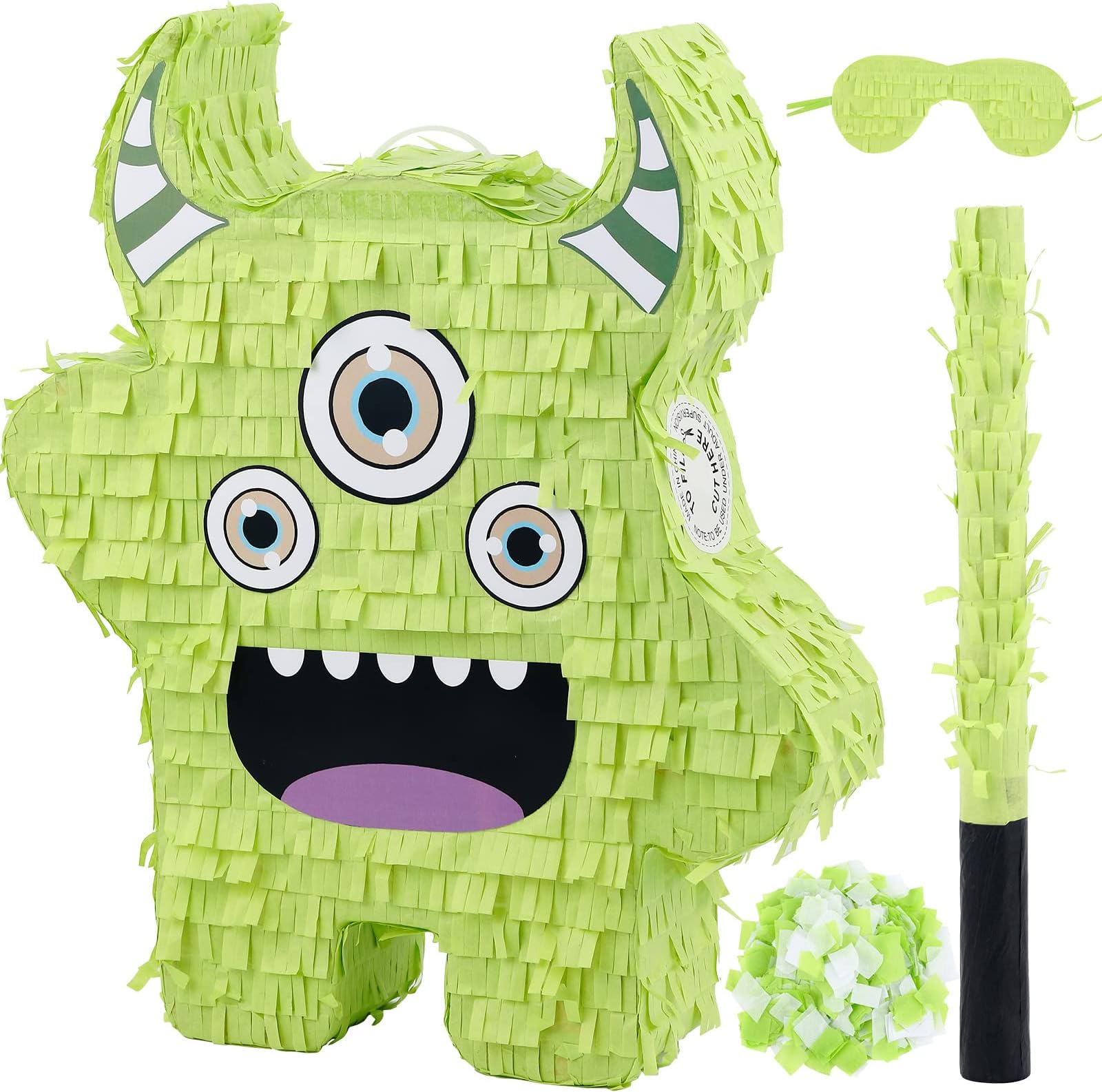 Halloween Pinata Set with Blindfold Pinata Stick and Confetti Funny Party Favors Green Devil Shape Bash Pinata for Kids Halloween Birthday Party Decoration Supplies, Baby Shower, 15.75 x 9.06 Inches