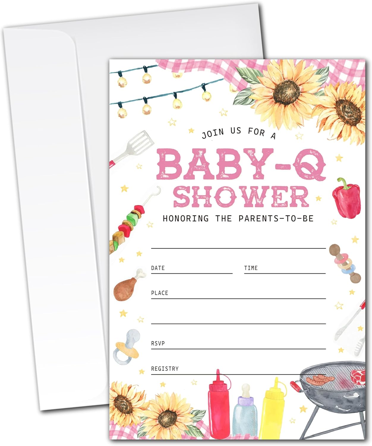 20 Baby-Q Baby Shower Invitations, Backyard BBQ Theme Invite Cards with Envelopes, 4x6 Inch Gender Neutral Shower Invites. (046)