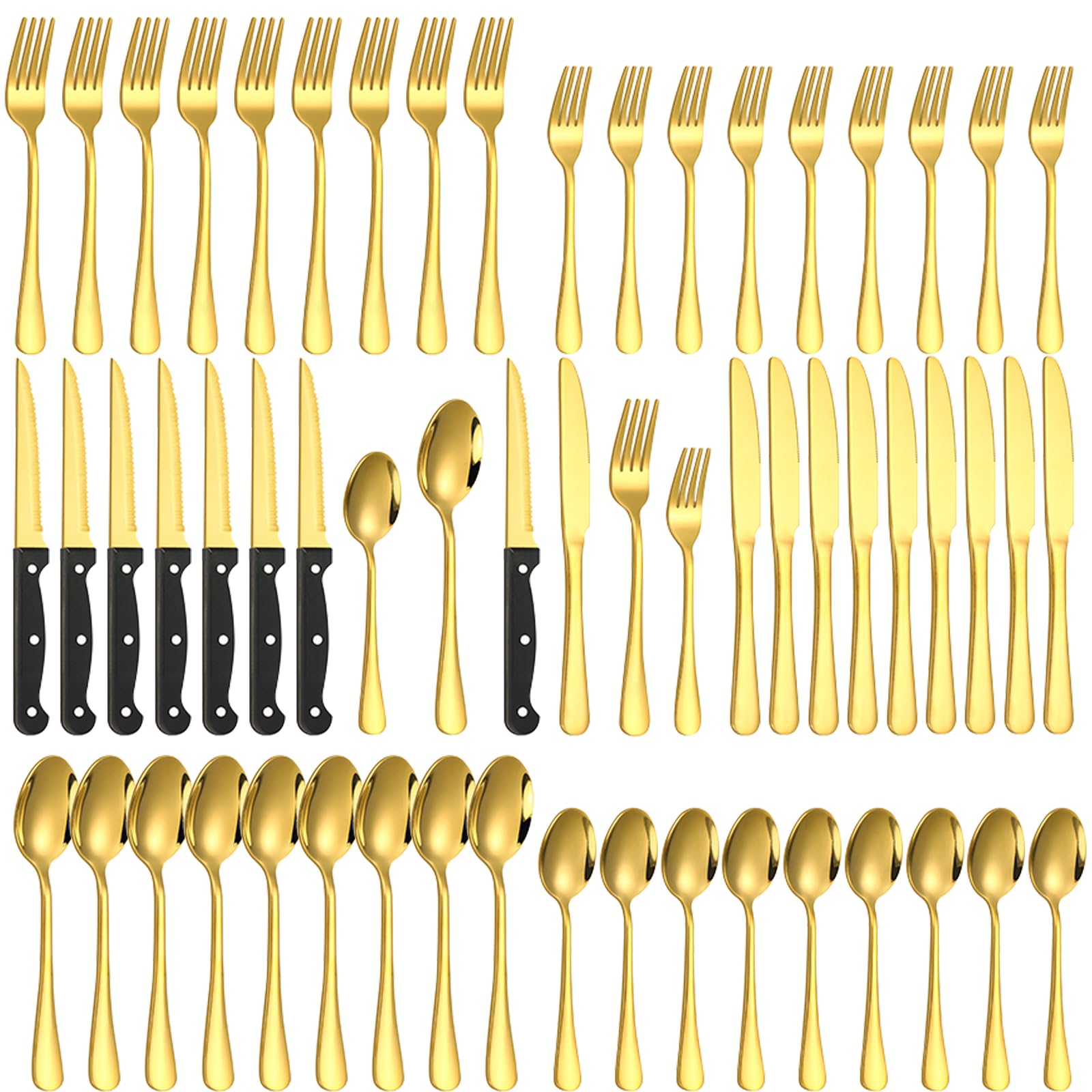 Lazycorner 60-Piece Gold Silverware Set with Steak Knives Gold Stainless Steel Flatware Set for 10 Food Grade Tableware Cutlery Set Rust-proof, Mirror Polished, Dishwasher Safe