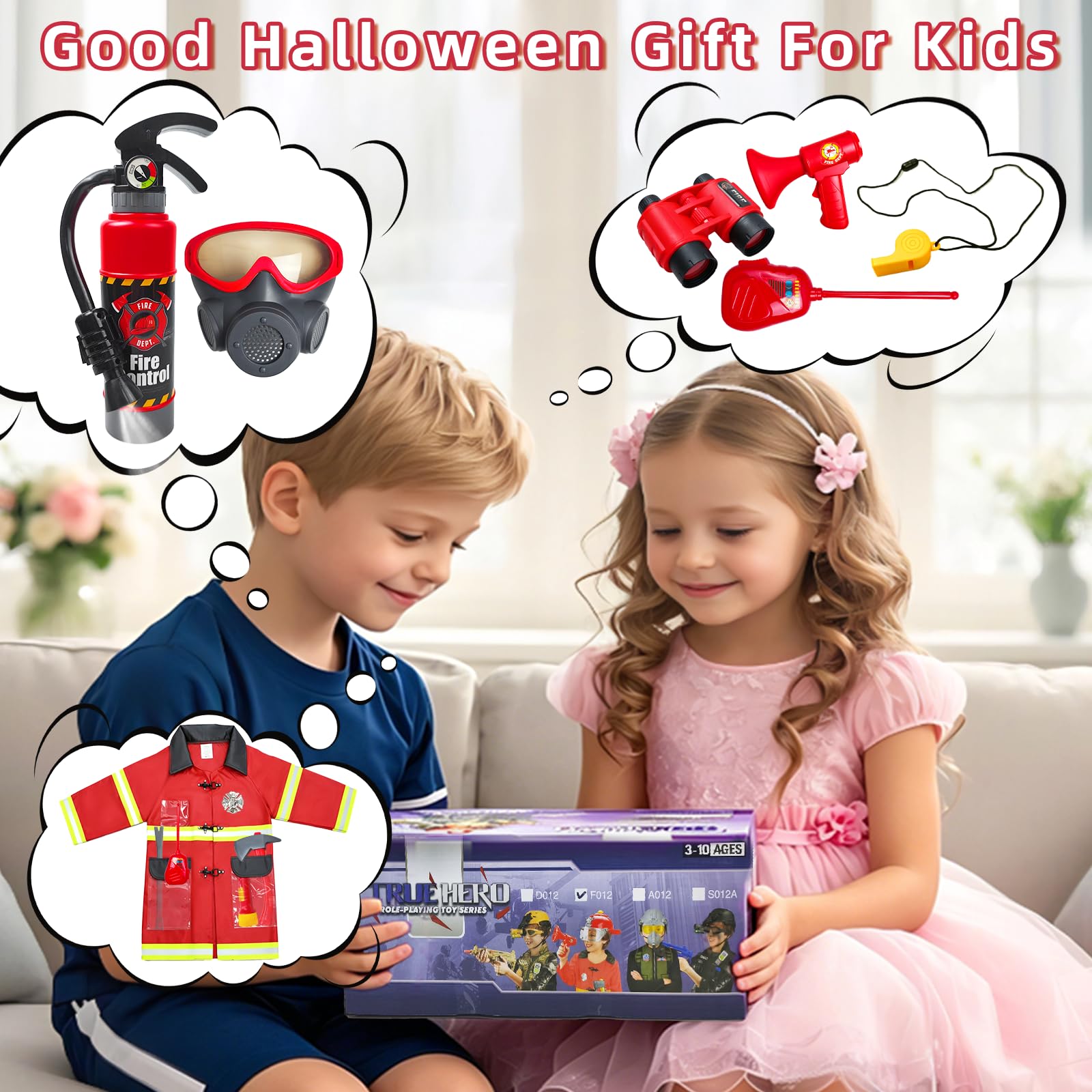 RedCarb Costume Pompiere Bambino Vestito con Spruzzatore Accessori per Costumi da Vigile del Fuoco per Carnevale Halloween, 12 Pezzi