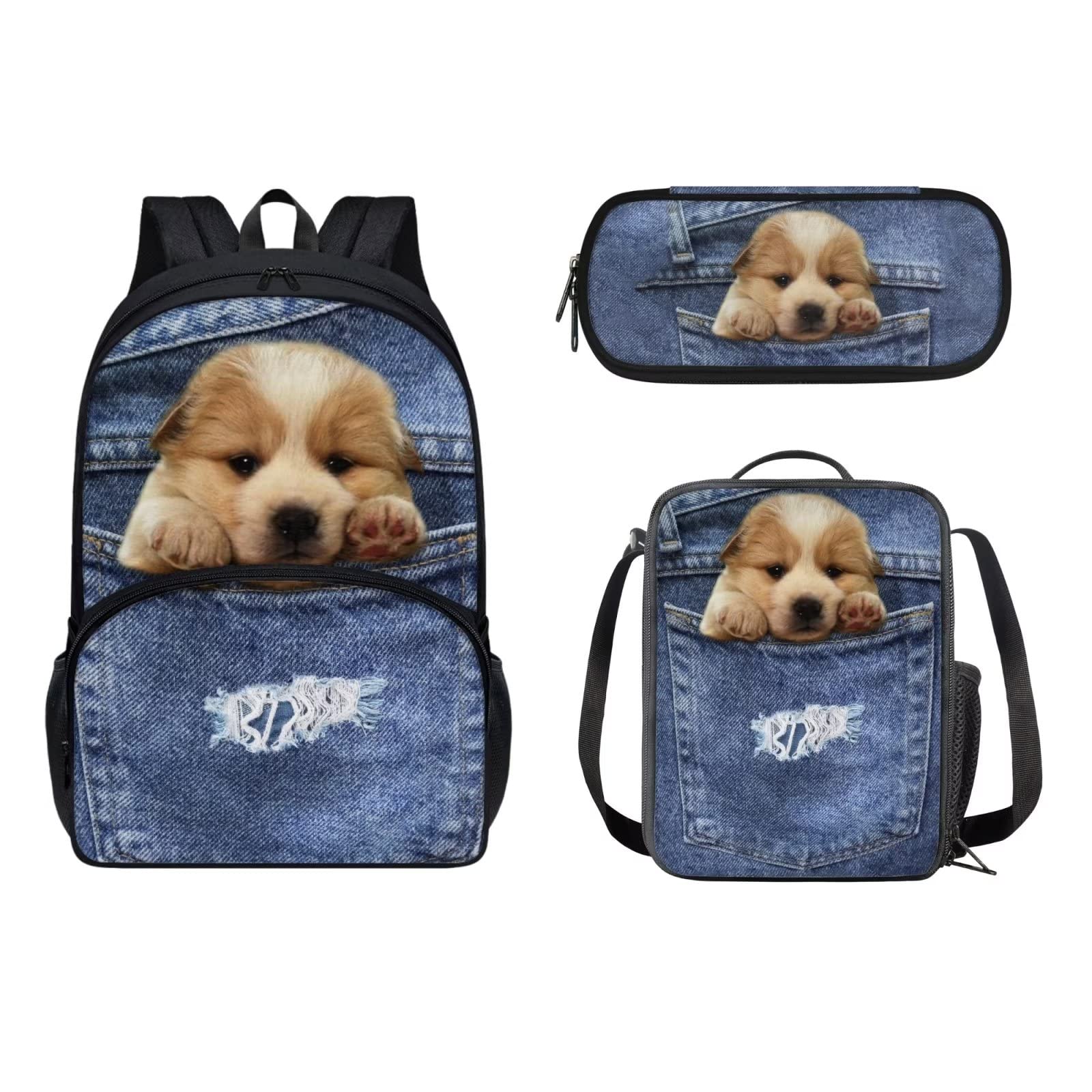 HUGS IDEA Set di libri per bambini alla moda 3 in 1 zaino per la scuola elementare con borsa termica per il pranzo e astuccio per matite, Golden Retriever, Taglia unica