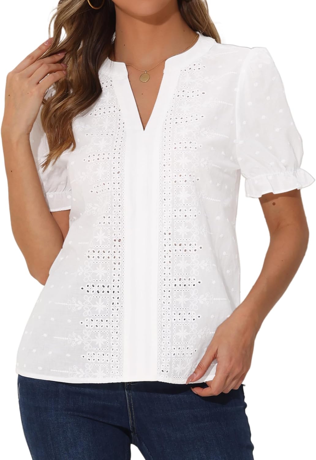 Allegra K Eyelet Top for Women's V Neck Summer Short Puff Sleeve Casual Cotton Blouse Shirts