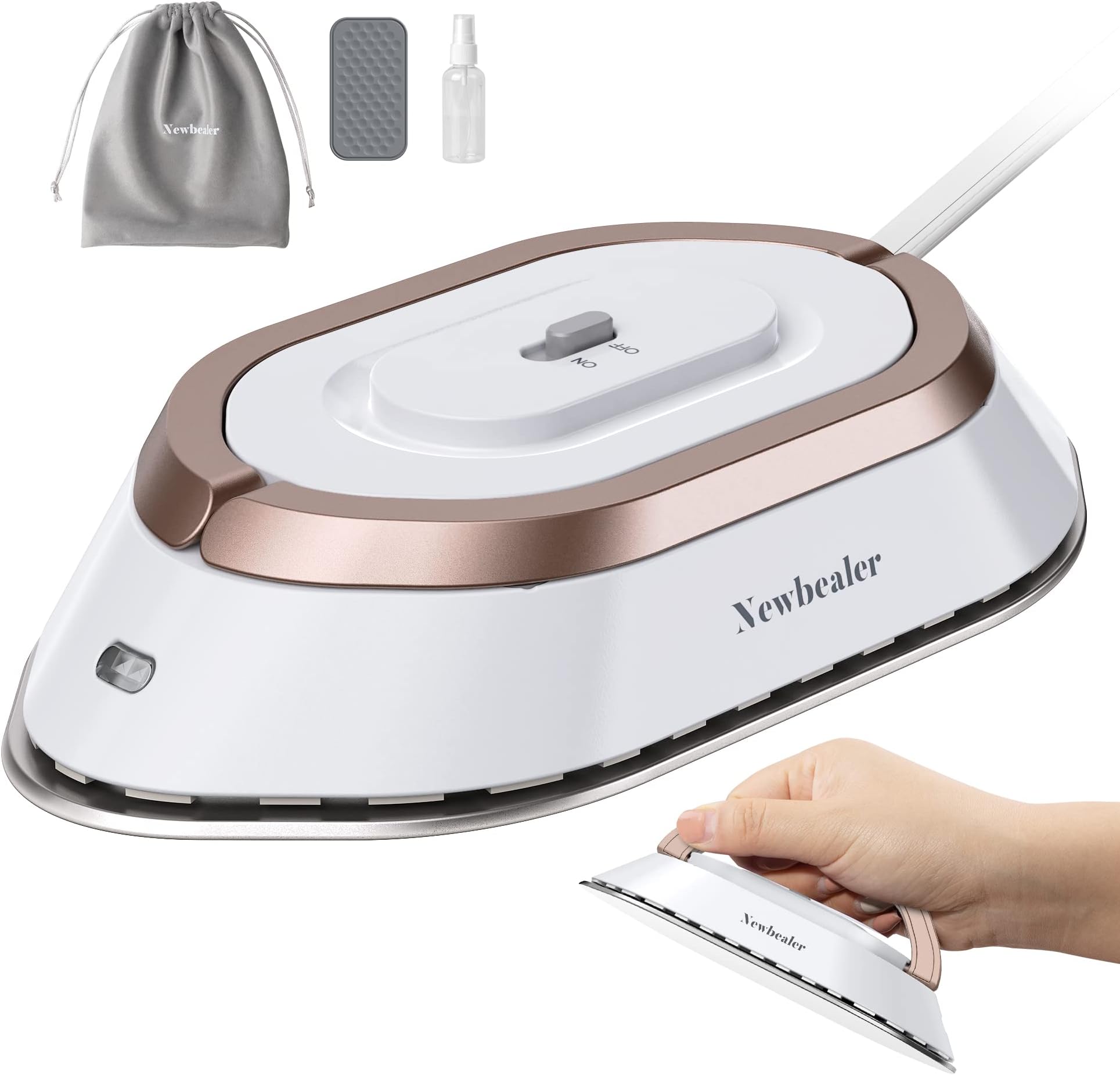 Newbealer Mini Travel Iron with Dual Voltage 220V/120V, Small Iron for Clothes (No Steam), Ceramic Soleplate, 150 °C Heat Press Machine with Spray Bottle, Bag and Silicone Stand, Gold