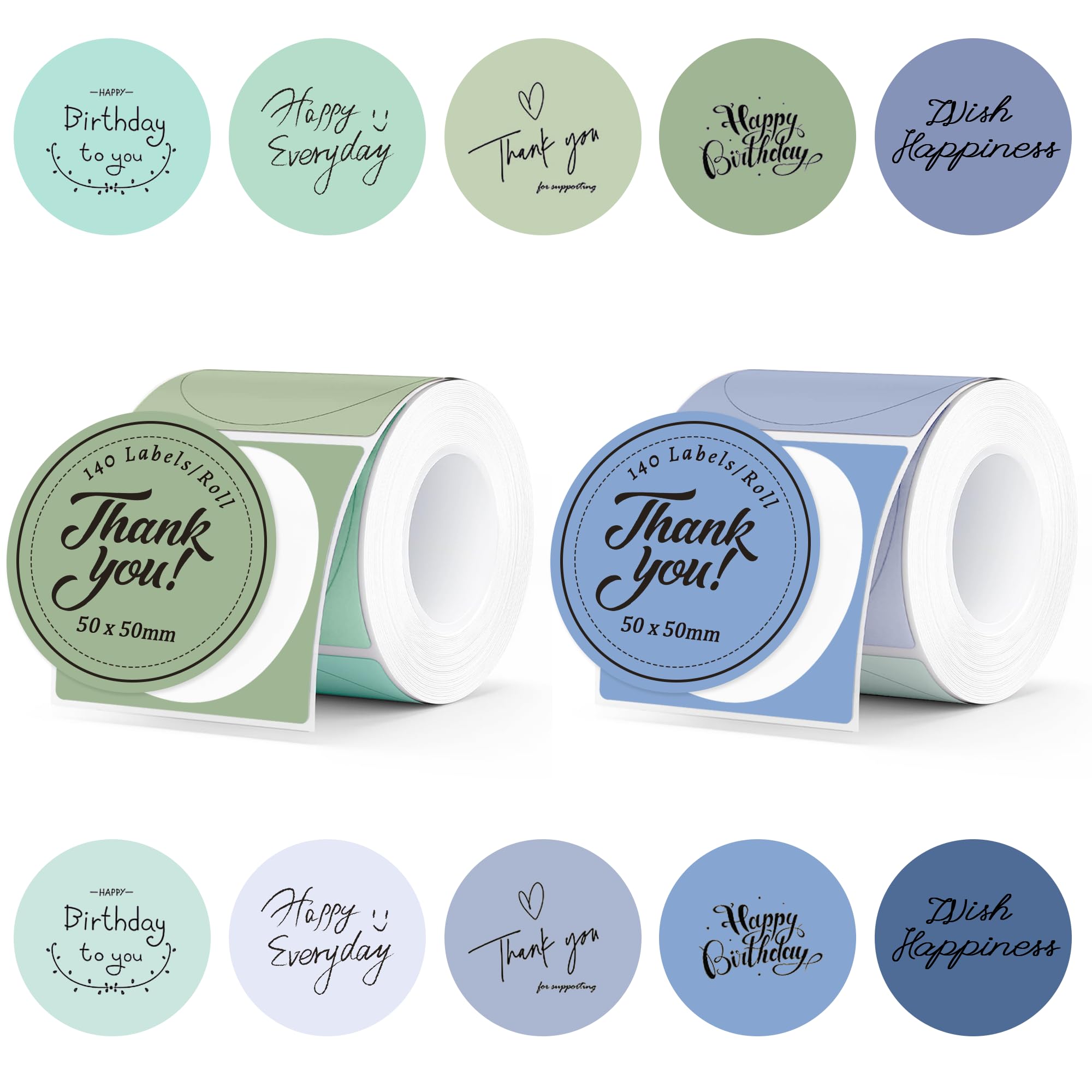 Yurifaz 2 Rolls Thermal Labels 50mm x 50mm Thermal Stickers,Multicolor Circle Thermal Sticker Label Round Thermal Printer Labels,Not Compatible with NIIMBOT,Dymo or Brother,140 Labels/Roll（Blue+Green）