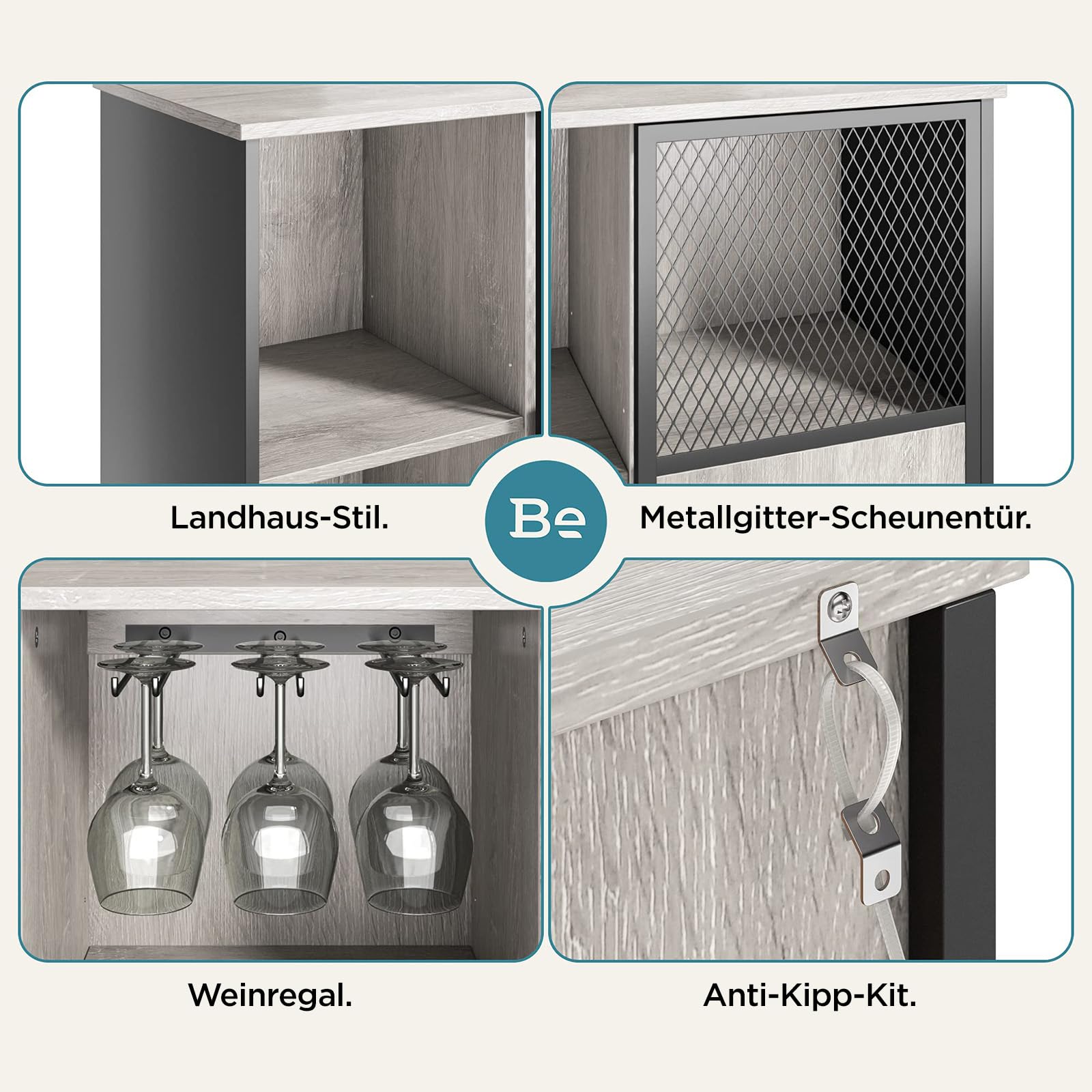 Bestier Industrie Bar-Schrank für Spirituosen und Gläser mit schiebbarer Metallgittertür Küchenbeistelltisch Buffet mit Weinregal und verstellbarem Regal Home Bar Möbel Grau