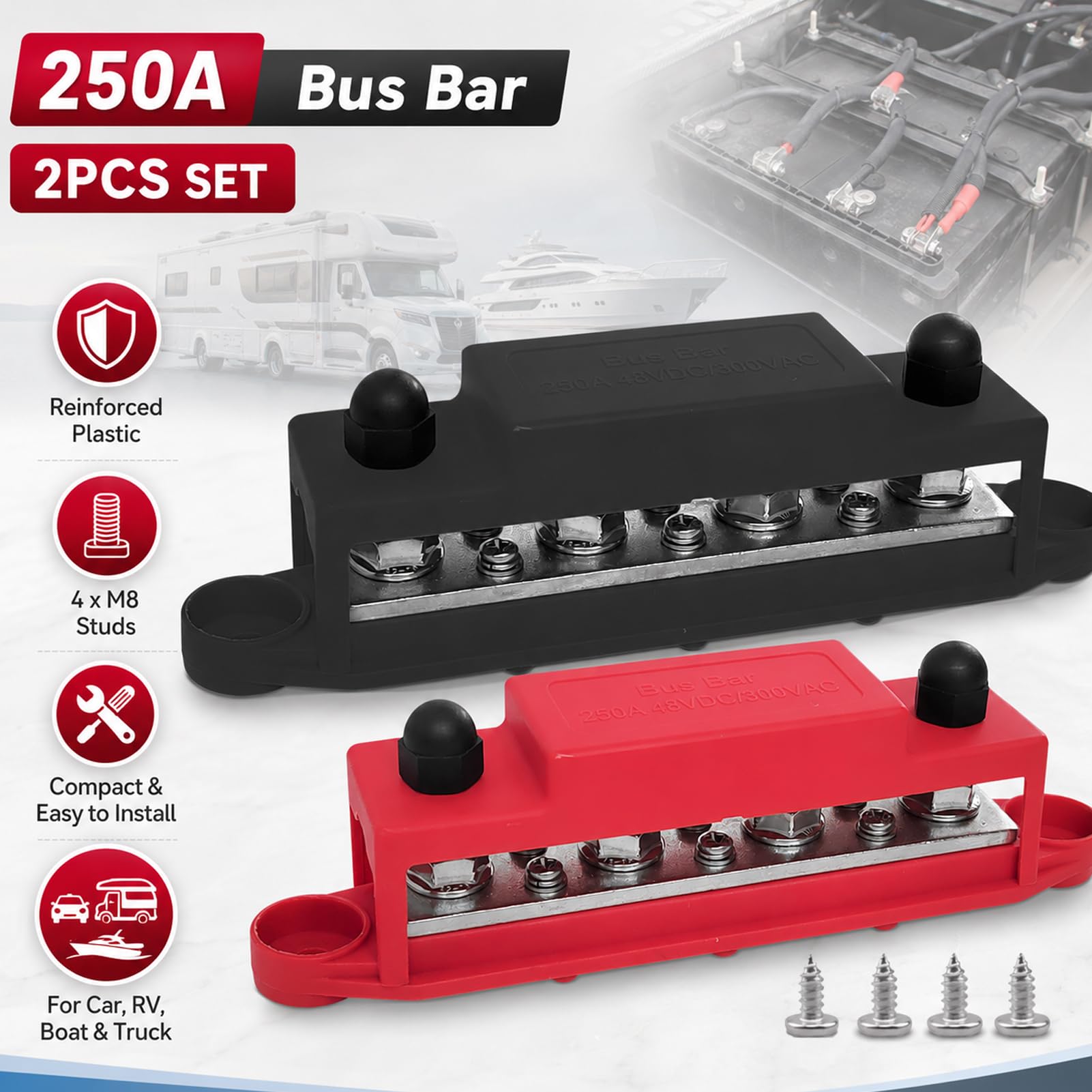 Busbar 12V, Bornier 12V, 2 pièces Bus Bar 250A, Bloc Distribution Camion, Bornier 4 Bornes M8, Bloc de Jonction de Batterie Robuste avec Couverclepour Voiture, Camion, Bateau, Solaire