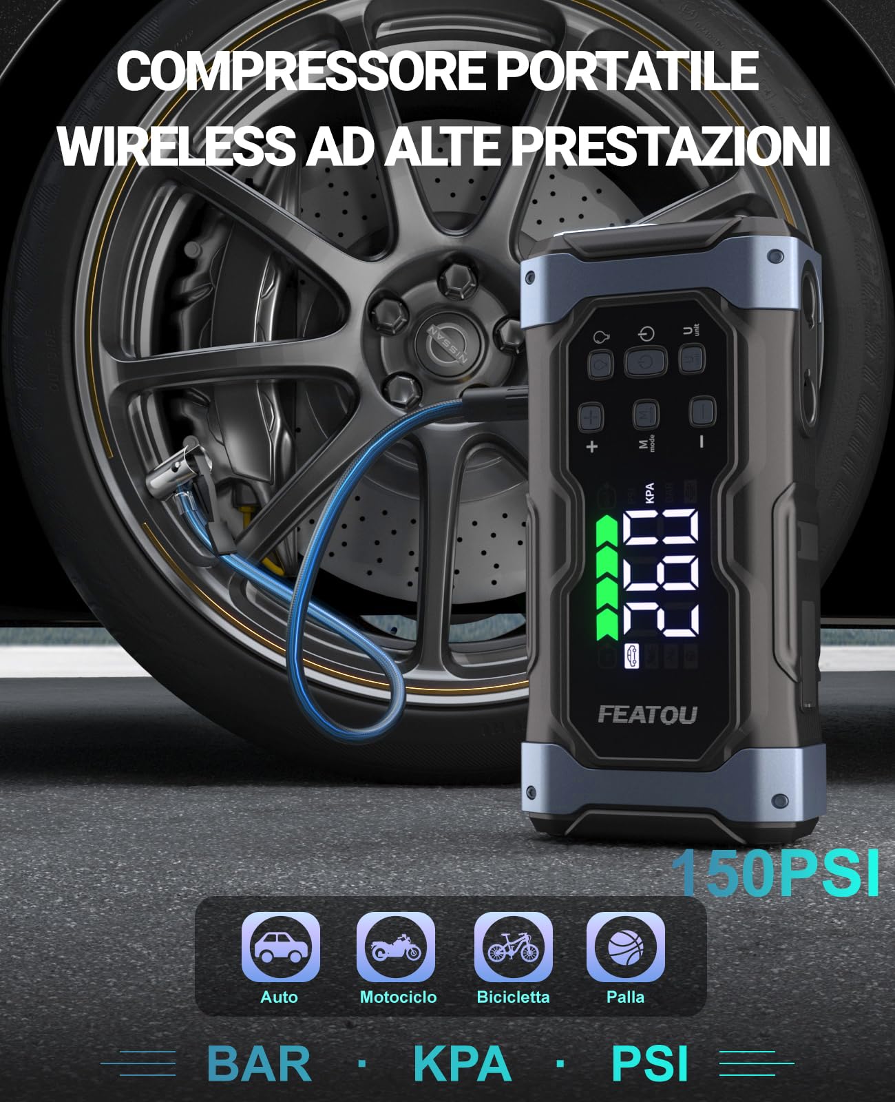 FEATOU 6500A Avviatore Batteria Auto con Compressore 150PSI & Air Pompa per Materasso Gonfiatore, 12V (Tutti Gas&12L Diesel) Avviatore emergenza per Auto/Moto Jump Starter Booster Avviamento(2025 NEW)