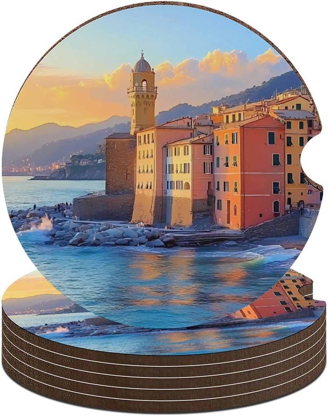 Camogli Beach Italy Cute Car Coasters 2.56 Inch Absorbent Cup Holder for Drinks Auto Interior Accessories