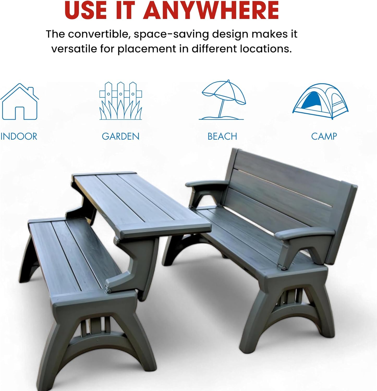 Convert-a-Bench 2-in-1 Outdoor Bench & Picnic Table - Foldable, Weather-Resistant Seating - Perfect for Patio, Lawn, Garden, or Deck - Durable & Easy Assembly - 1 Bench/Order, Platinum Gray