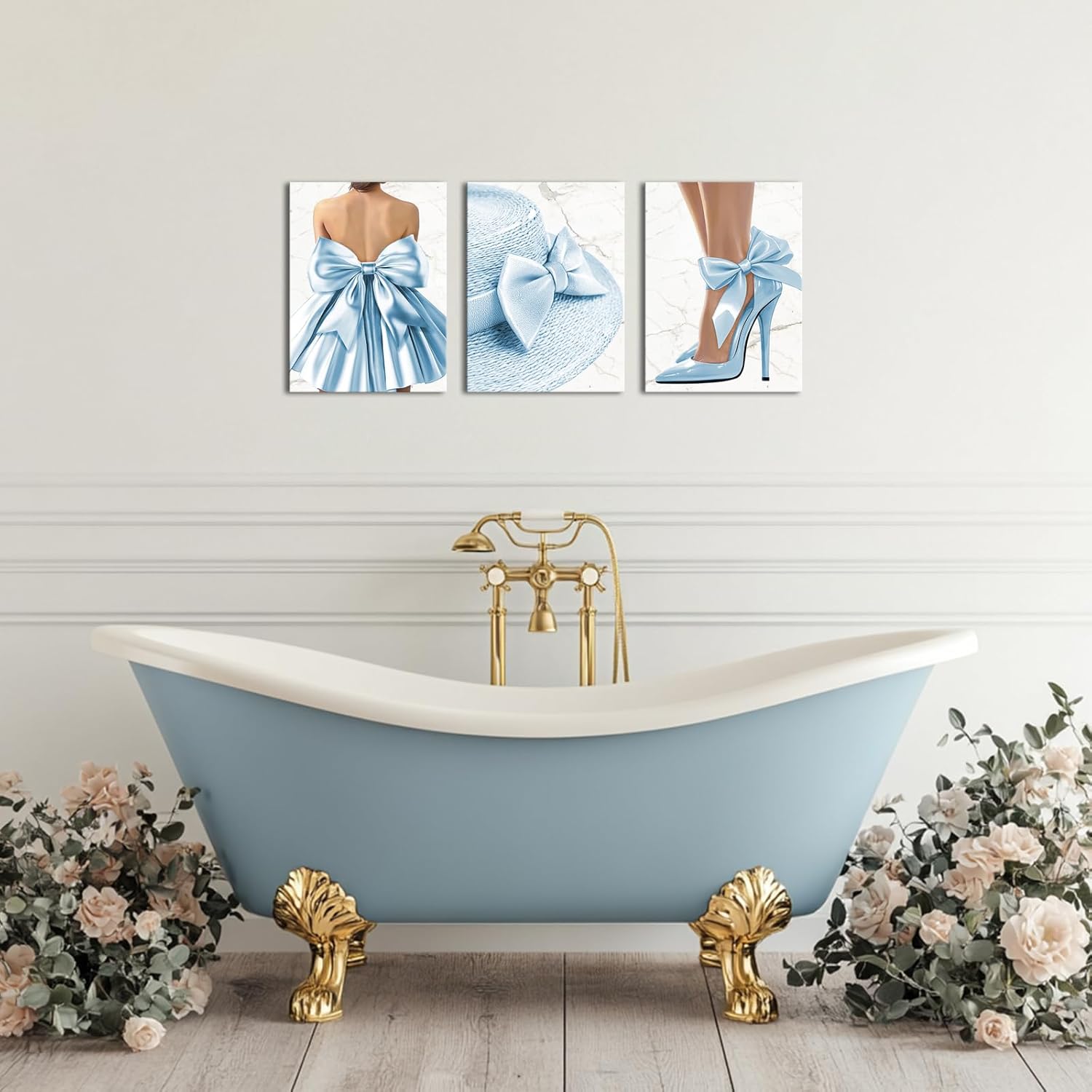 Visual Art Decor Bow Wall Art Bow Painting Picture Girls Bedroom Wall Decor Framed Ready to Hang 12x16inchx3Pieces (Blue)