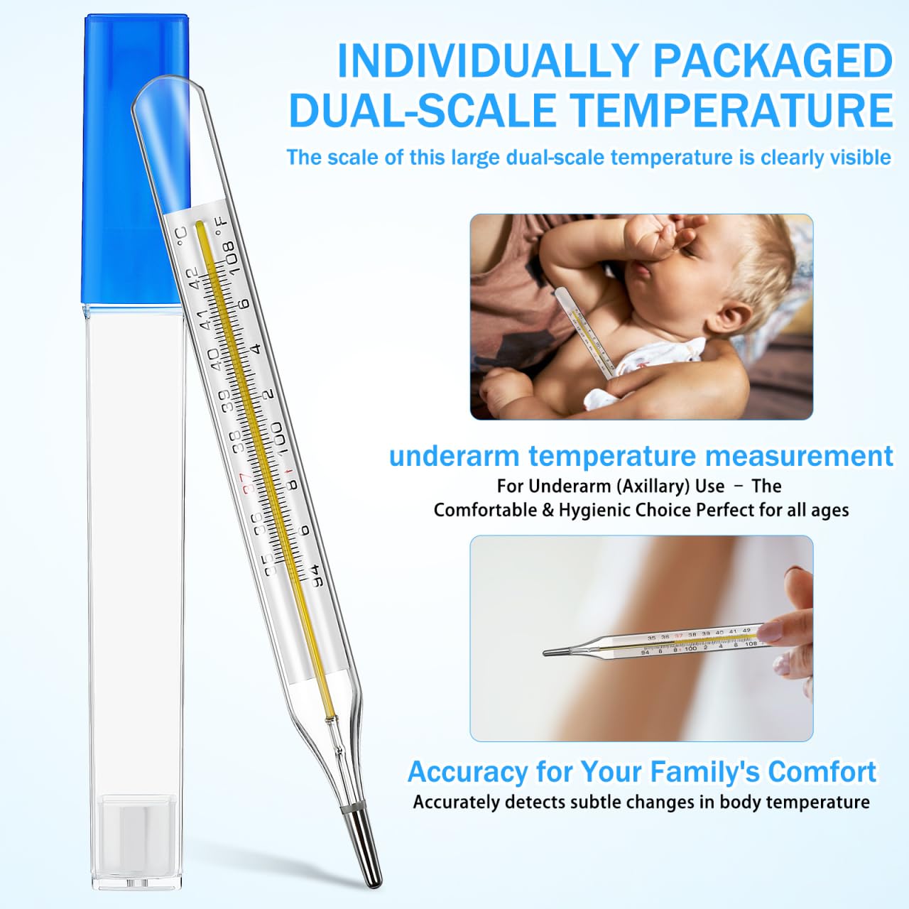 Balacoo 4 Pcs Glass Body Temperature Gauge, Oral for Adults, Underarm Temperature Gauges with Dual Scale ℃&℉ - Free Clinic Armpit Fast Reading Fever Indicator for Adults Kids