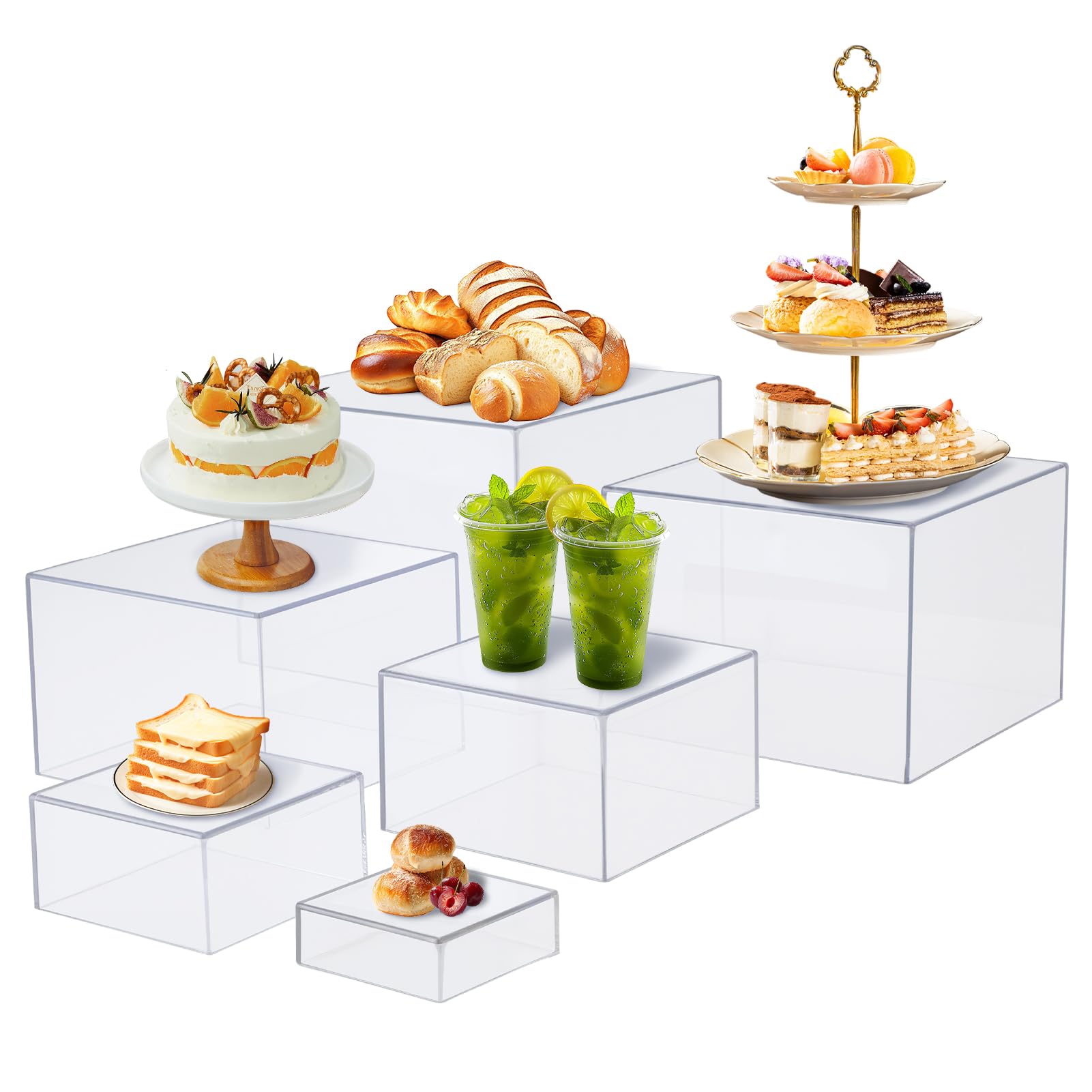 Wakects 6Pcs Buffet Riser, Acrylic Food Display Stand Dessert Table Display Set for Jewelry Collectibles Party Decoration (Transparent)