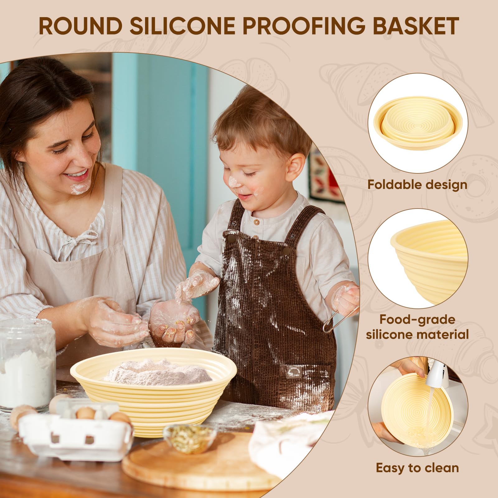 Set Panificazione Con Cestini Lievitazione In Silicone Rotondo & Ovale, Barattolo In Vetro Graduato, Taglia Pasta, Spatola, Accessori Per Fare Il Pane E Fermentazione