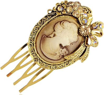 Alilang Gold Tone Topaz Rhinestones Victorian Lady Cameo Maiden Prom Hair Comb