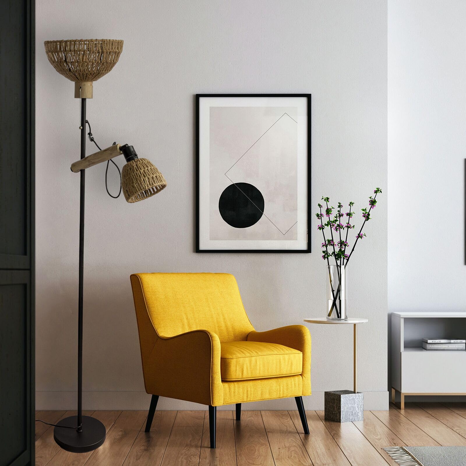 Stehlampe-2 schirm Wohnzimmer,Boho Rattan Stehlampen im Industrial Design mit Metall und Holz,Schalter,Höhe:163cm,Ohne Glühbirnen