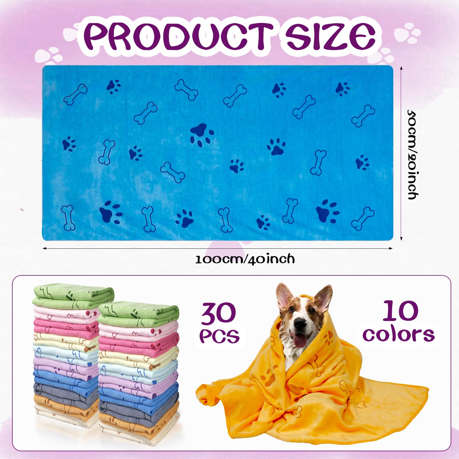 30 toallas para perros para secar perros a granel de 20 x 40 pulgadas, toallas de baño para mascotas, toallas de baño de secado rápido para cachorros, toallas de aseo coloridas para mascotas, toalla
