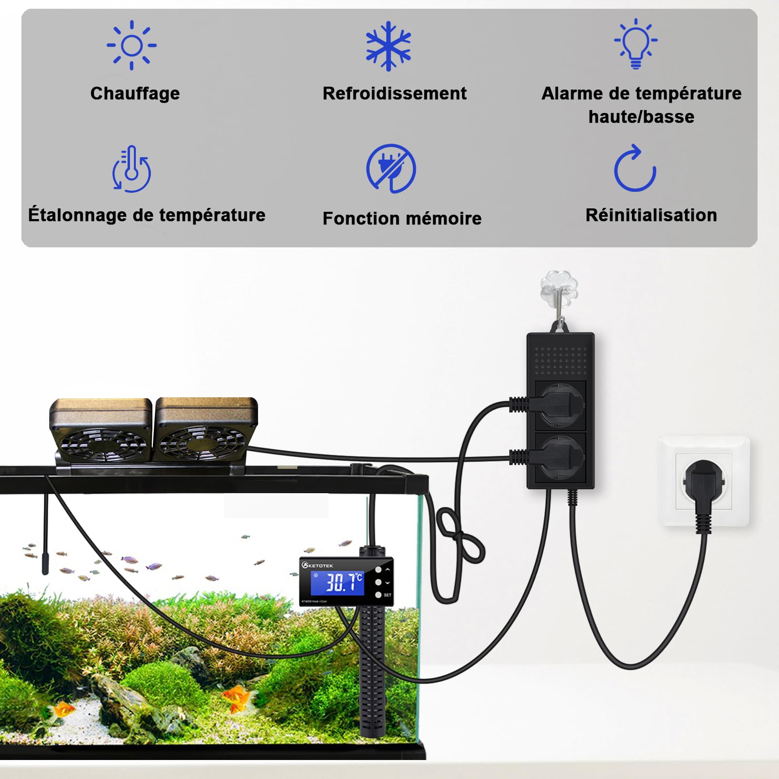 KETOTEK Prise Thermostat Numérique Regulateur de Temperature avec Sonde 220V, Double Relais Chauffage Refroidissement Contrôleur de Température pour Aquarium Incubateur Serre Frigo Ventilateur