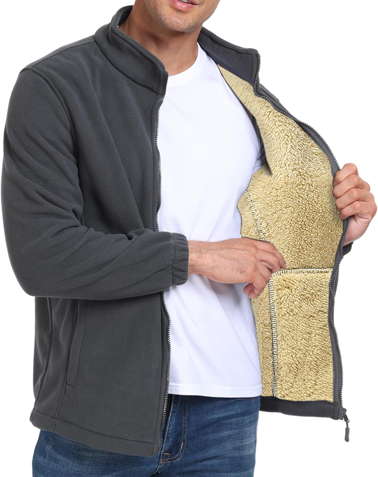 PEGENO Men's Fleece Jacket Stand Collar Casual Soft Warm Coats With Zipper Pocket