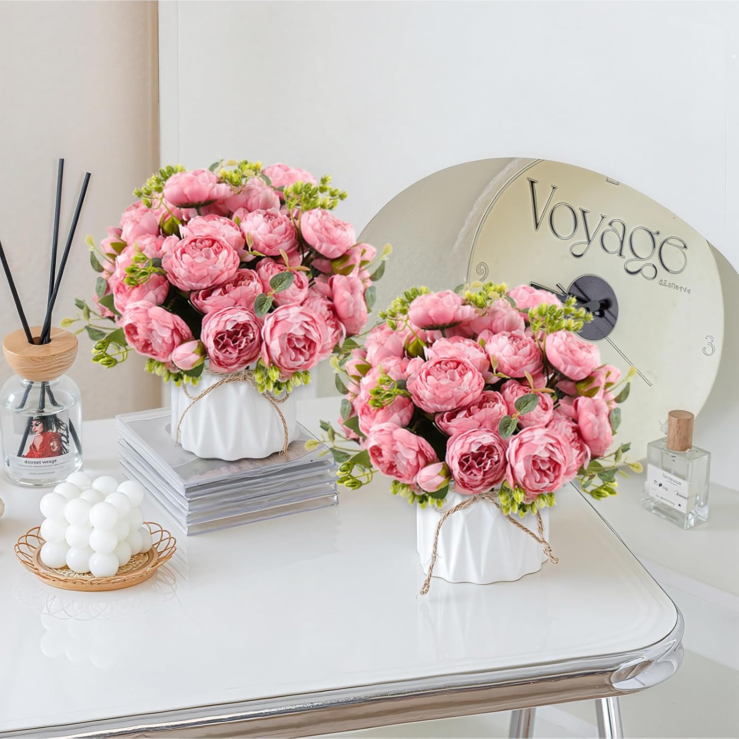 DEEMEI Artificial Peony Flower Silk Peonies Bouquet 4 Bundles Fake Flowers Bulk for Home Wedding Party Decor (Pink)