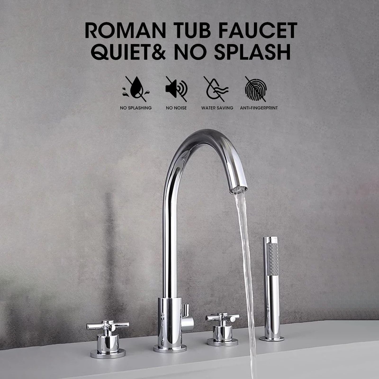 Bathtub Faucet, Roman Tub Faucets with Hand Shower, 2 Cross Handles 4-Hole Deck Mount Bathroom Faucet Brass - 4