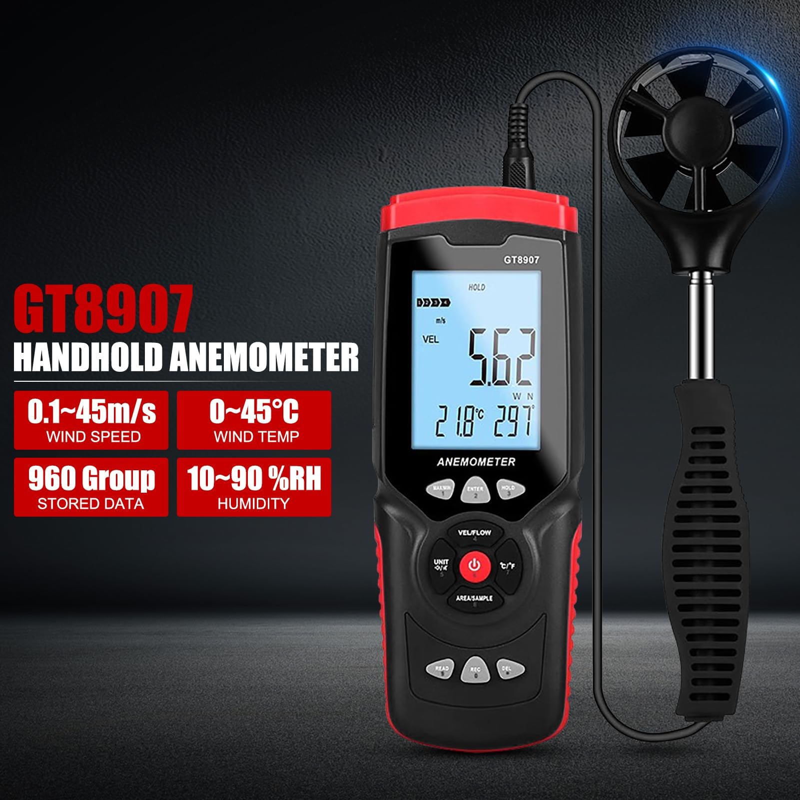 Anemómetro Digital, Anemómetro De Paleta Portátil Retroiluminado con 0~45 M/s, Flujo De Aire CFM/CMM, Registro De Datos USB, Sonda Retráctil, Pantalla LCD Retroiluminada para Conductos