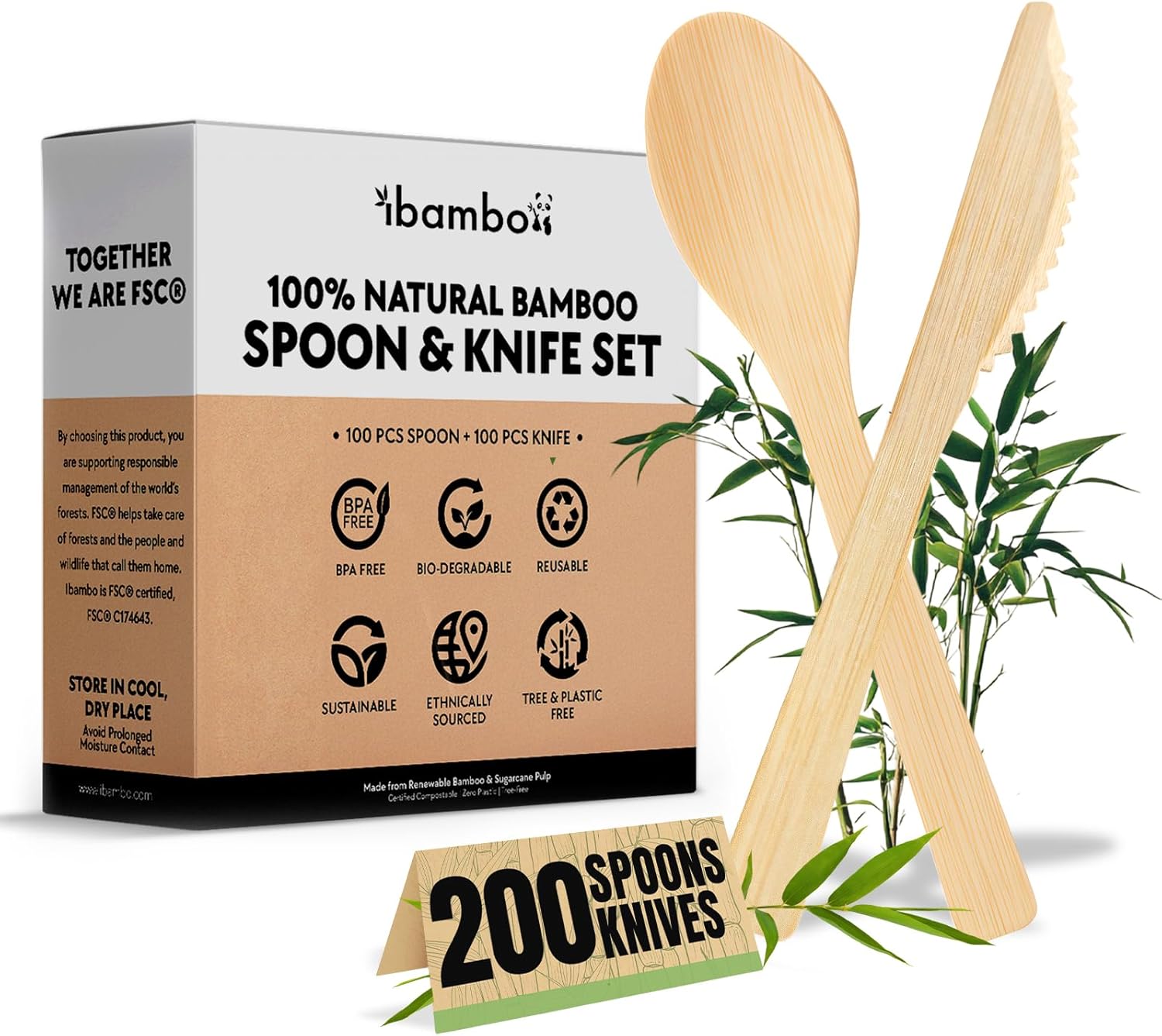 100% Bamboo Cutlery Set – 200pc Biodegradable Spoons & Knives | Reusable or Disposable Utensils | FSC Certified | For Weddings, Camping, Eco-Friendly Events (100 Spoons & 100 Knives)