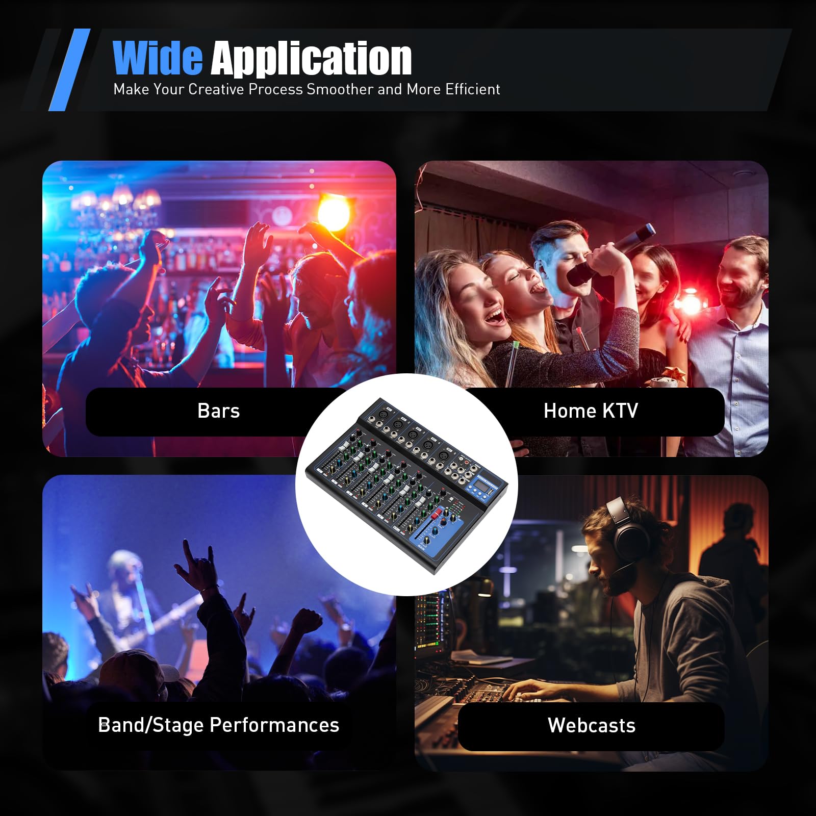 Mezclador de audio Bluetooth de 7 canales, mezclador de DJ, mezclador de audio y USB, 2 entradas de micrófono, puerto USB, para micrófonos, guitarras, bajos, teclados, mezcladores, instrumentos, etc