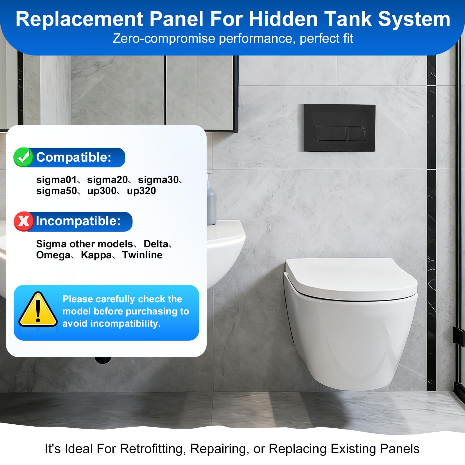 Placca di Comando WC, Compatibile con Geberit Sigma 01/20/30/50/UP300/UP320, Pulsante Doppio Scarico, Pannello Frontale in ABS per Cassetta Incasso Geberit, Dimensioni 16.4×24.6 CM, Opaco(Nero)