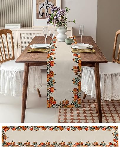 Miniatura 3 de Thanksgiving Fall 36 Inch Table Runner, Farmhouse Pumpkin Orange Teal Rustic Burlap Farmhouse Dresser Scarf Cotton & Linen Tablerunner for