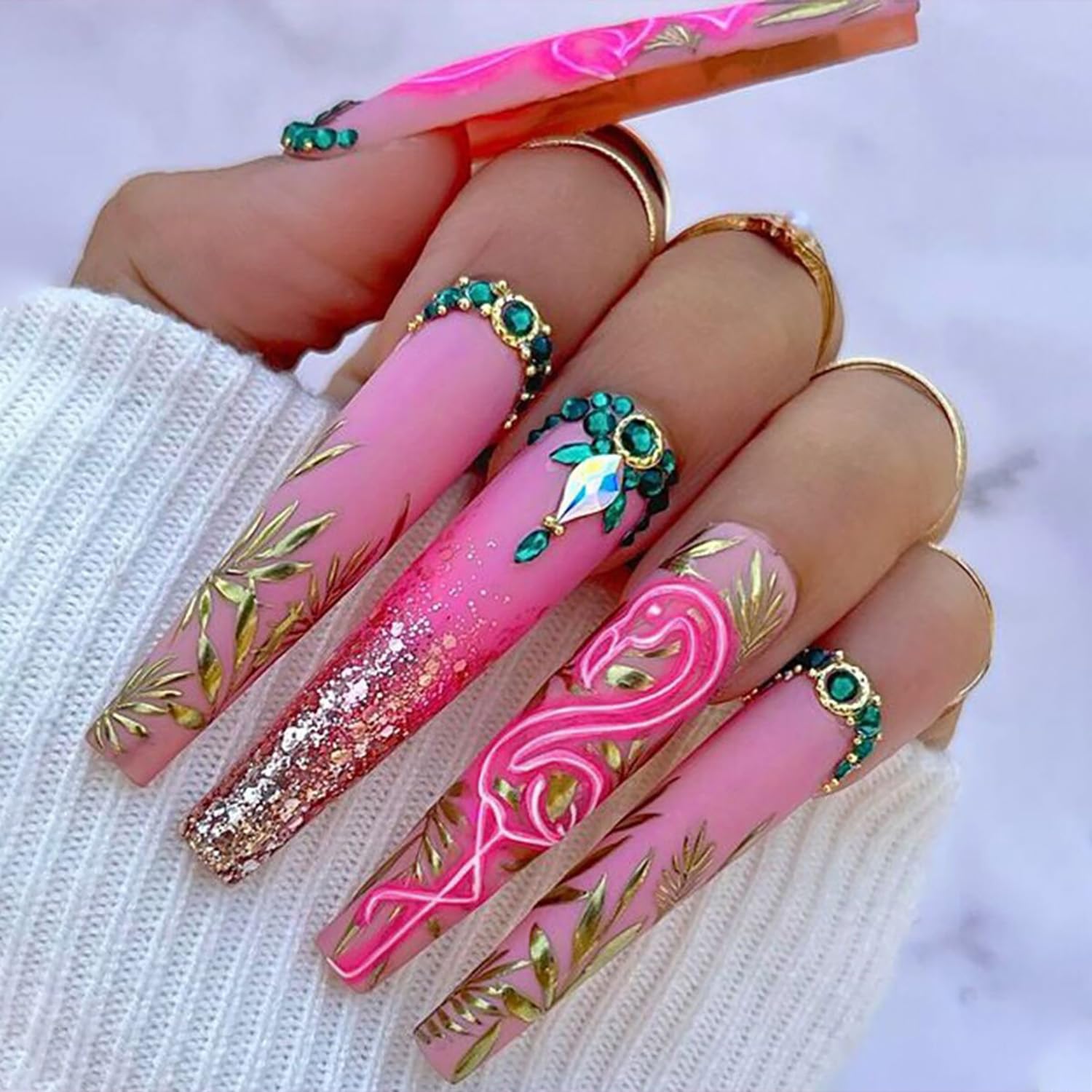 Press on Long Nails Coffin Shaped Acrylic Glossy Full Cover Square French False Nails with Designs Artificial Extra Square Long Fake Nails with Charms