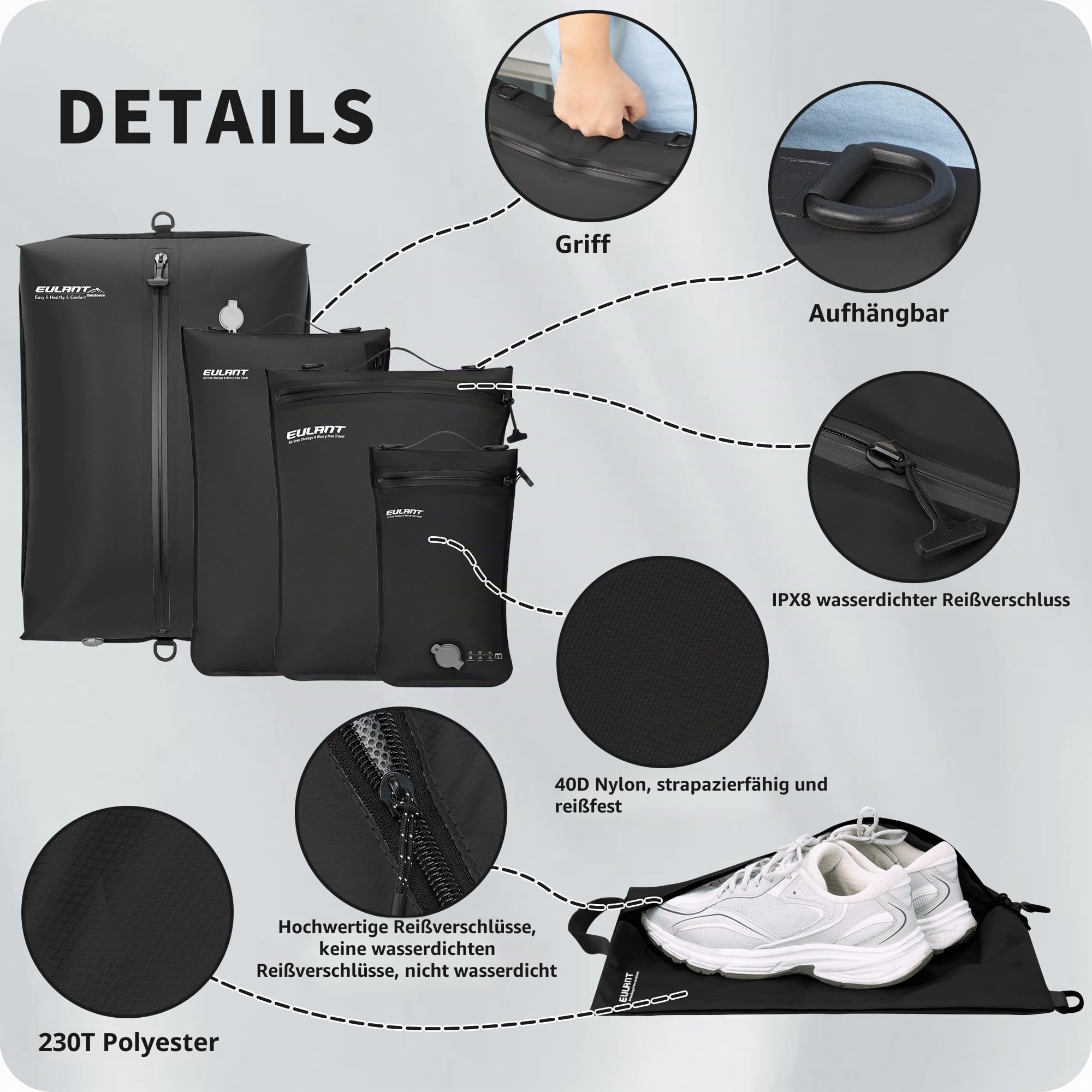EULANT Kompressions Packwürfel Set 6 für Koffer,4 Vakuumbeutel + 1 Schuh Tasche + 1 Wasserdichte Kulturtasche, Reisepack Organizer für Handgepäck, IPX8 Reißverschluss & Ultraleicht