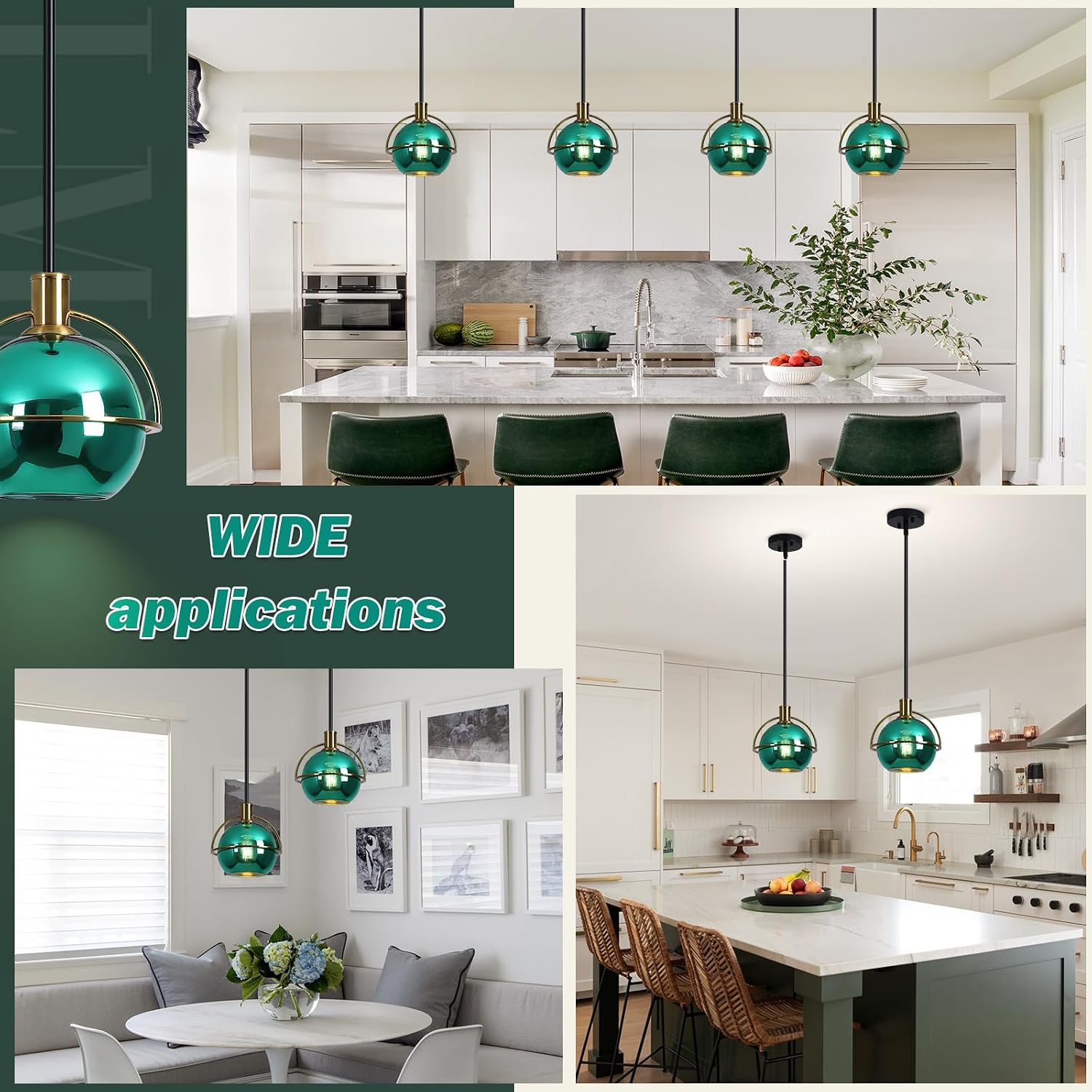 2 Pack Modern Green Glass Pendant Light, Black & Gold Hanging Light Fixture with Adjustable Rod, Globe Kitchen Island Pendant Lighting for Dining Room Entryway Bedroom, E26 Base