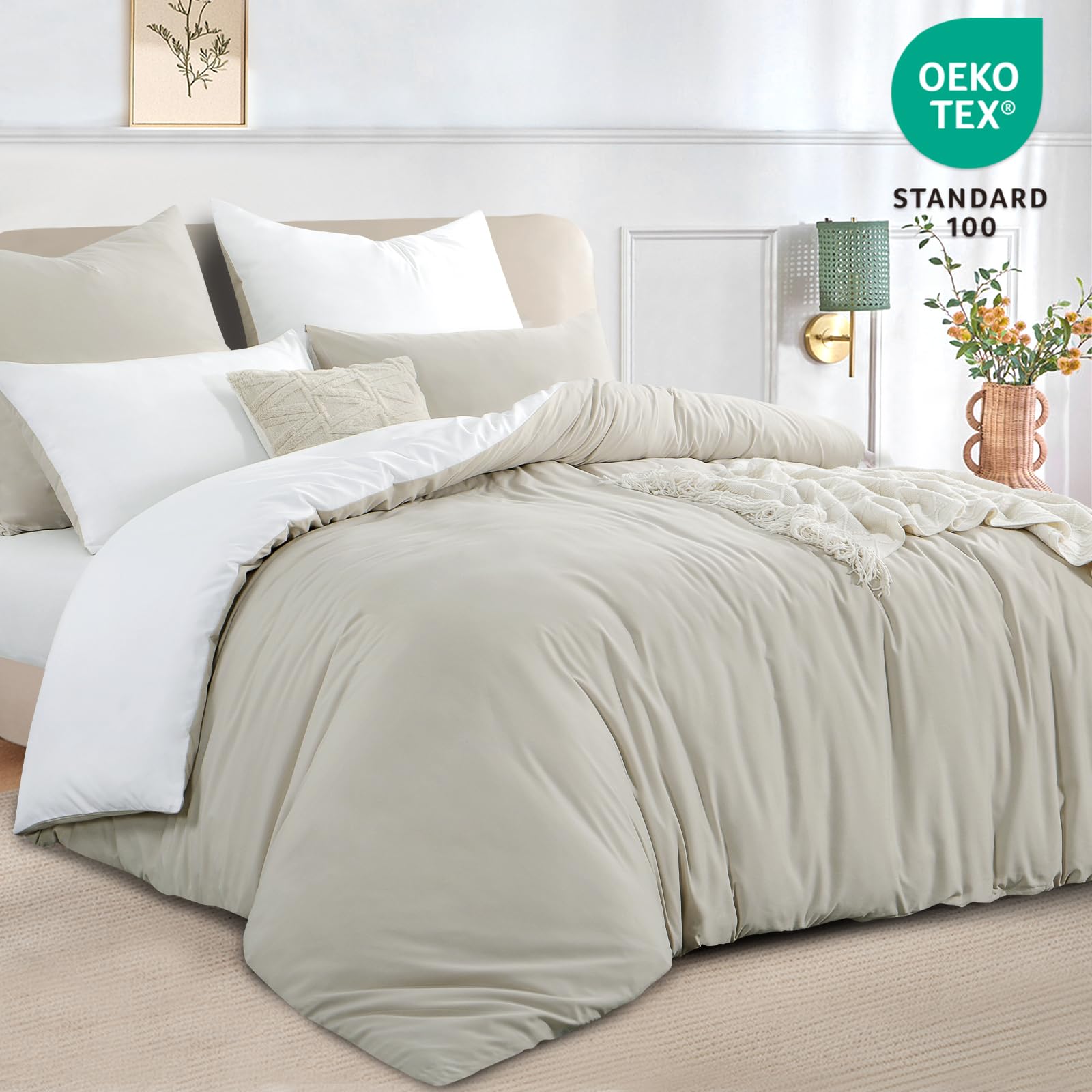RUIKASI Cream Beige Double Duvet Set White, Reversible Beige Duvet Cover Double Bedding Set including Zip - Image 3