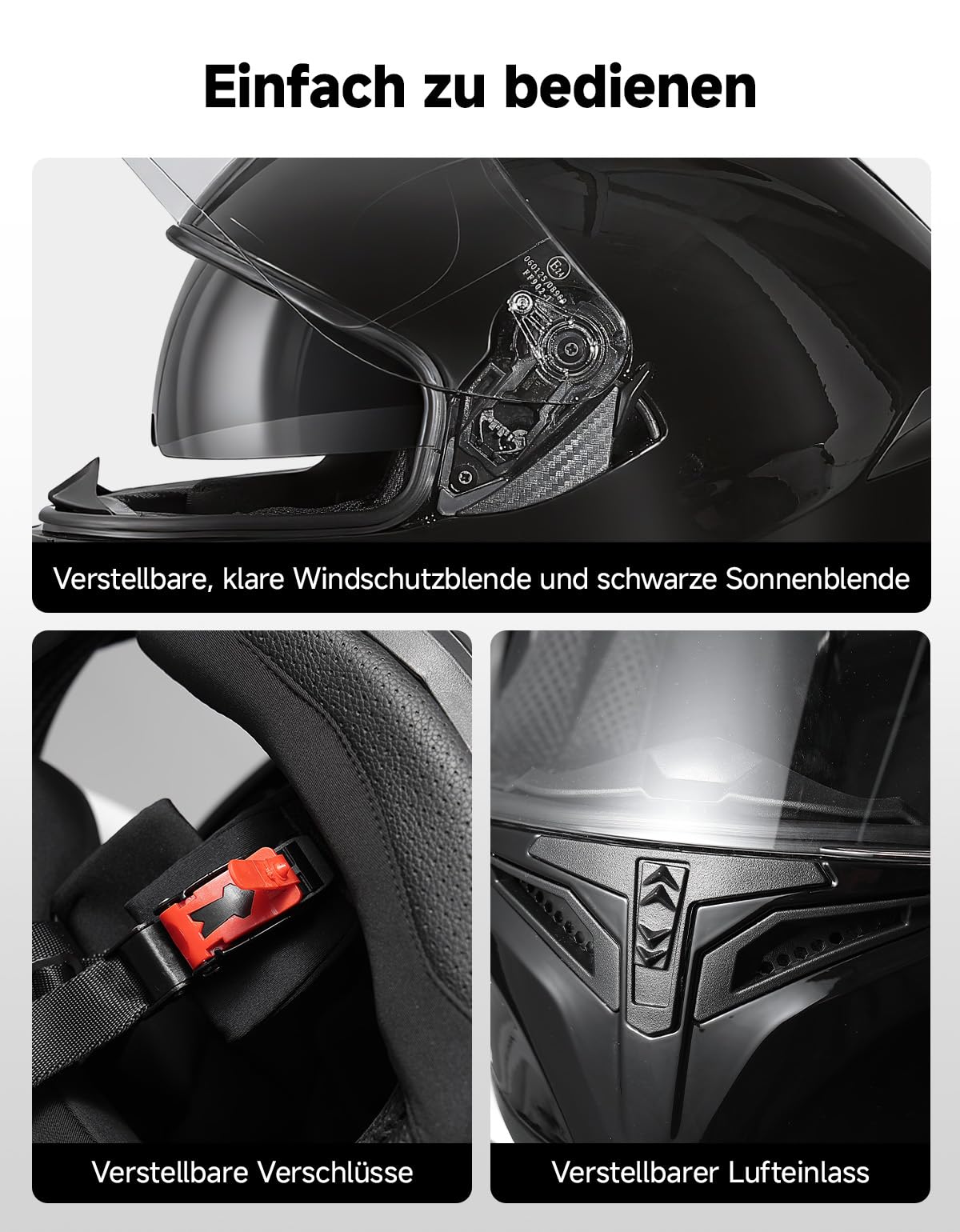 KEMIMOTO Kask integralny ze zintegrowaną osłoną przeciwsłoneczną, certyfikat ECE-R22.06, skorupa ABS, pasuje do motocykli i skuterów