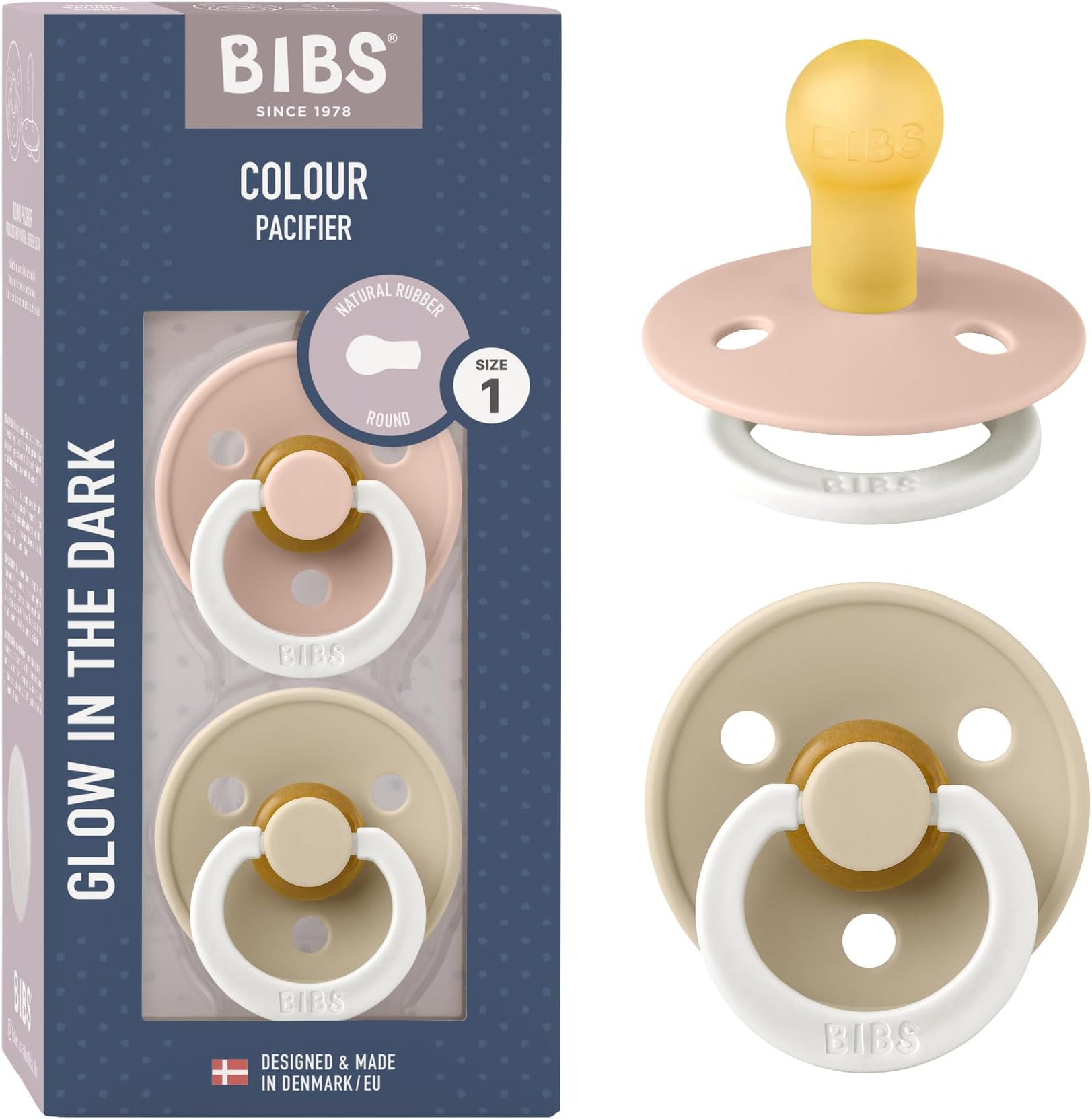 BIBS Colour Glow Soother 2-Pack, Glow in The Dark BPA Free Dummy Pacifier, Round Nipple. Natural Rubber Latex, Size 1 (0-6 Months), Blush Night/Vanilla Night