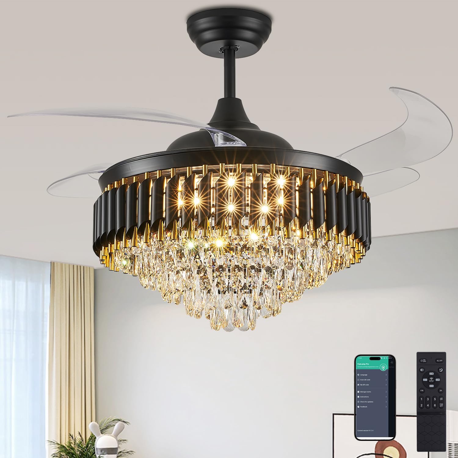 52 Inch Dimmable Retractable Fandelier Ceiling Fans with Light and Remote, Crystal Chandelier Ceiling Fan for Bedroom Dinning Room Living Room,Black Black 52"