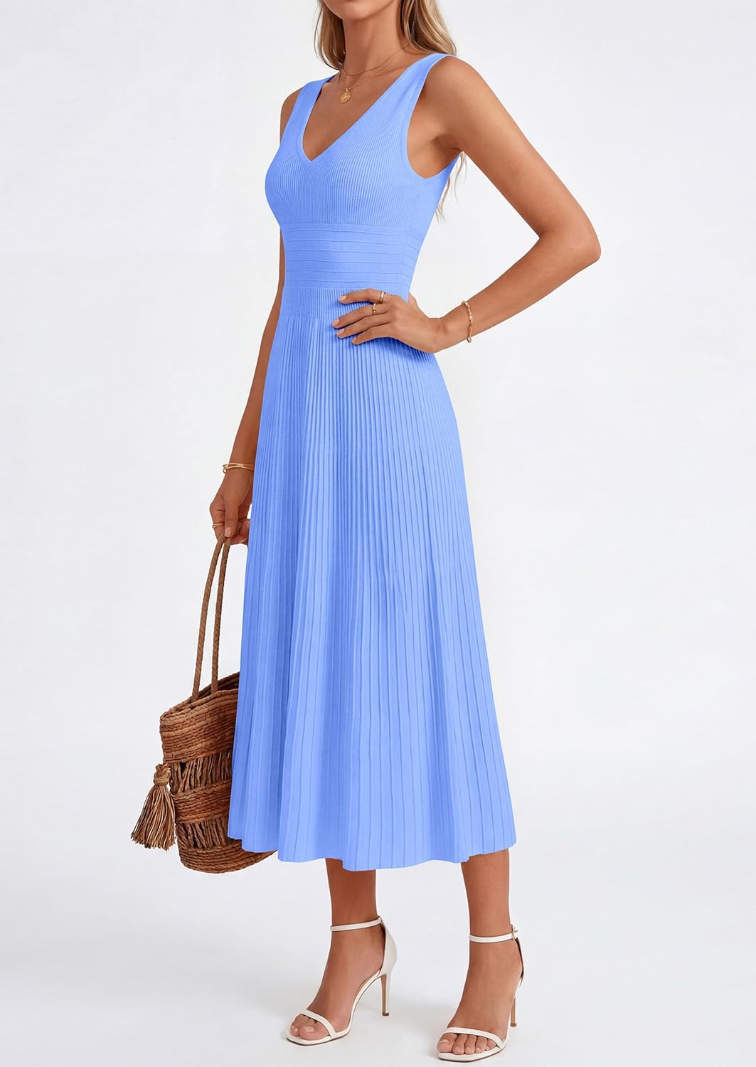 PRETTYGARDEN Summer Dresses for Women 2026 Spring Sleeveless V Neck Knit A Line Casual Midi Cocktail Wedding Guest Dress - Image 3