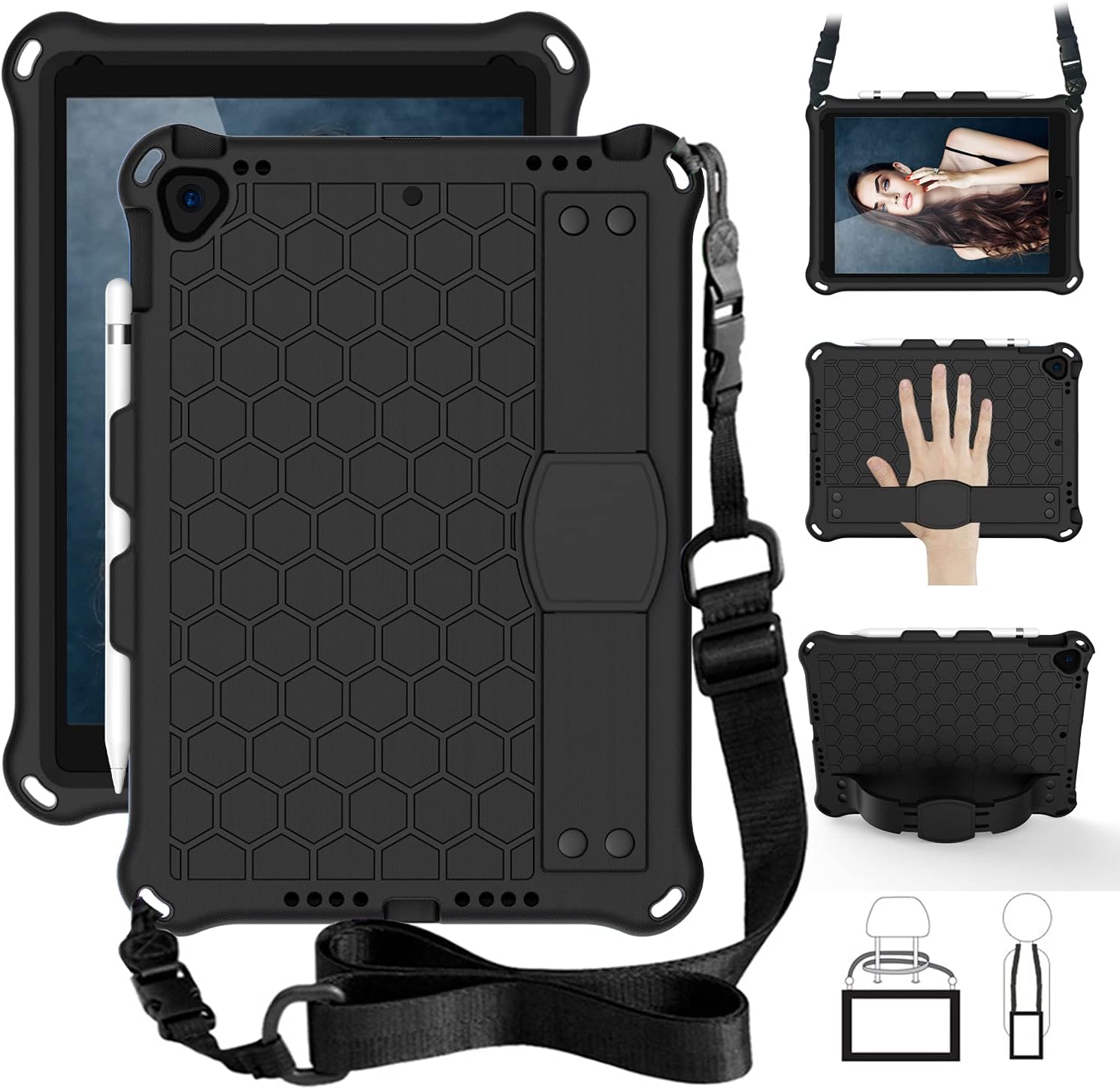 QYiD Kids Case for New iPad 8th Generation 2020 / iPad 7th Generation 10.2" 2019, Kids Friendly Light Weight Shockproof Case with Pencil Holder & Shoulder Belt for iPad 10.2 inch, Black/Black