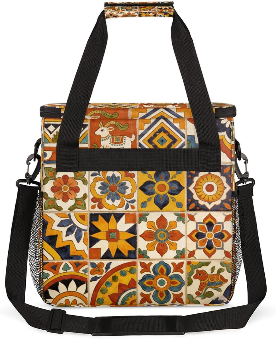 Mexican Folk Tile Portable Coffee Maker Carrying Bag Compatible with Keurig K-Mini/K-Mini Plus - Travel Storage Tote with K-Cup Pod Pockets for Single Serve Coffee Brewer