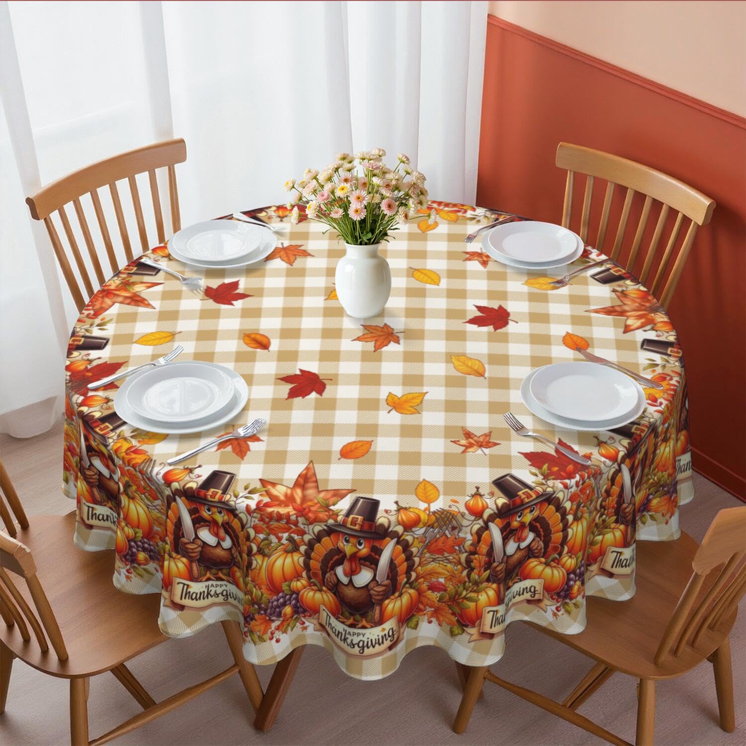 Aokoyi Thanksgiving Turkey Tablecloth 60x60 Inch, Waterproof Washable Farmhouse Fall Round Table Cloth Cover, Autumn Checkered Leaves Seasonal Tablecloth for Party Picnic Dinner Home Decor