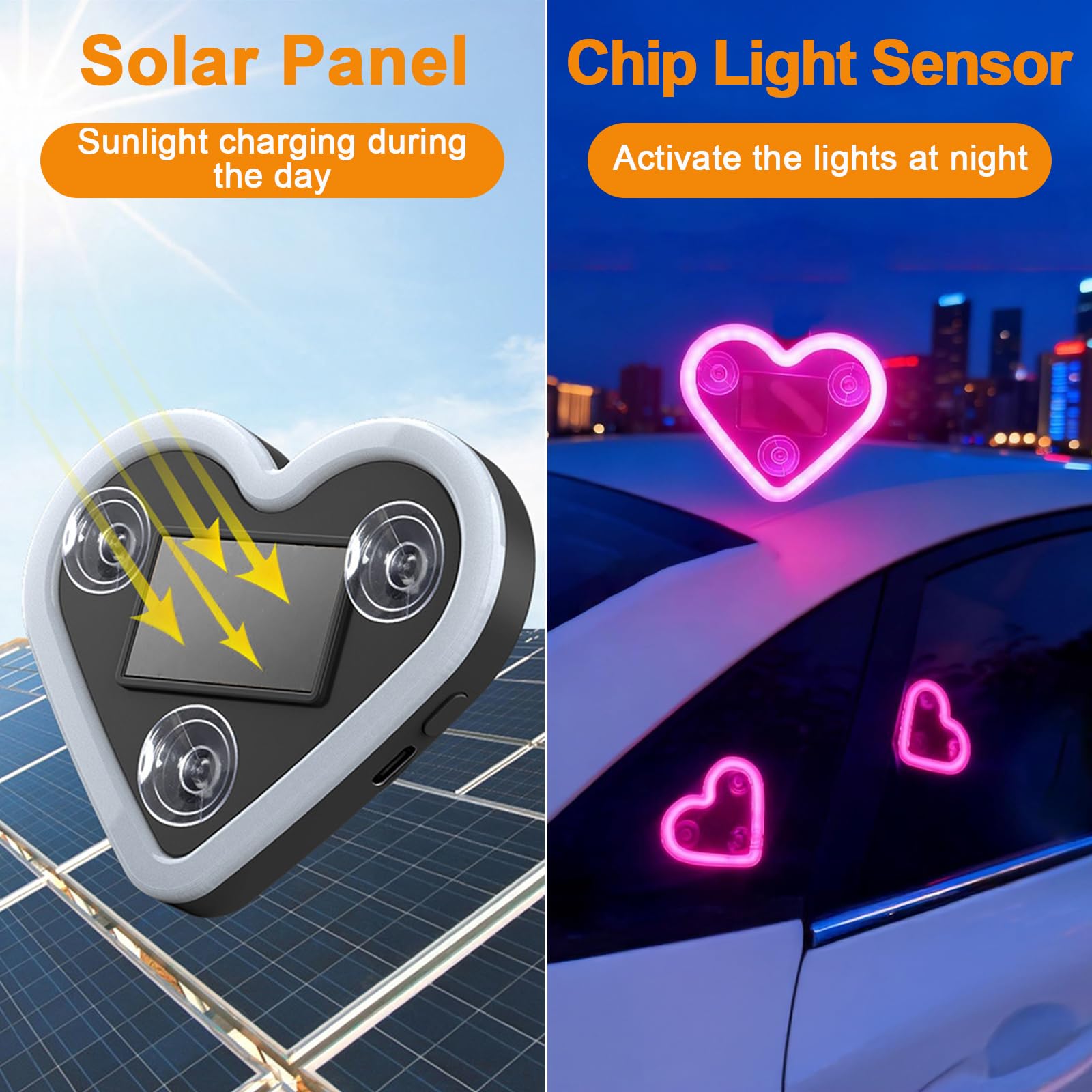 Ambientebeleuchtung fürs Auto, 2 Stück Solar Herz LED Neonlichter, Kabellose Solar Herzlichter mit 5 Beleuchtungsmodi und Vibrationssensor für Autoinnenraum, Schlafzimmer, Partys (Rosa)