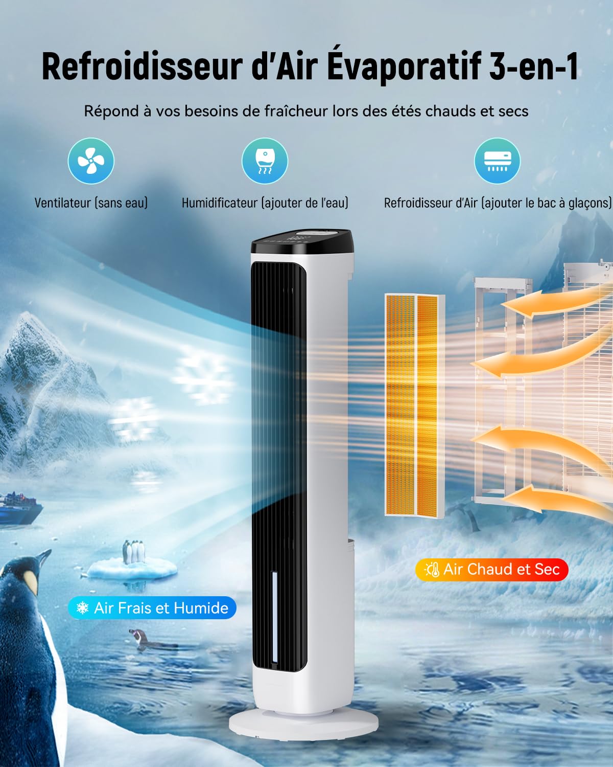 Ventilateur Colonne avec Refroidissement par eau, packs de glace, minuterie 12-H, 4 modes, 3 Vitesses, Oscillation à 80°, Refroidisseur d'air par Évaporation Portable avec télécommande, pour chambre à