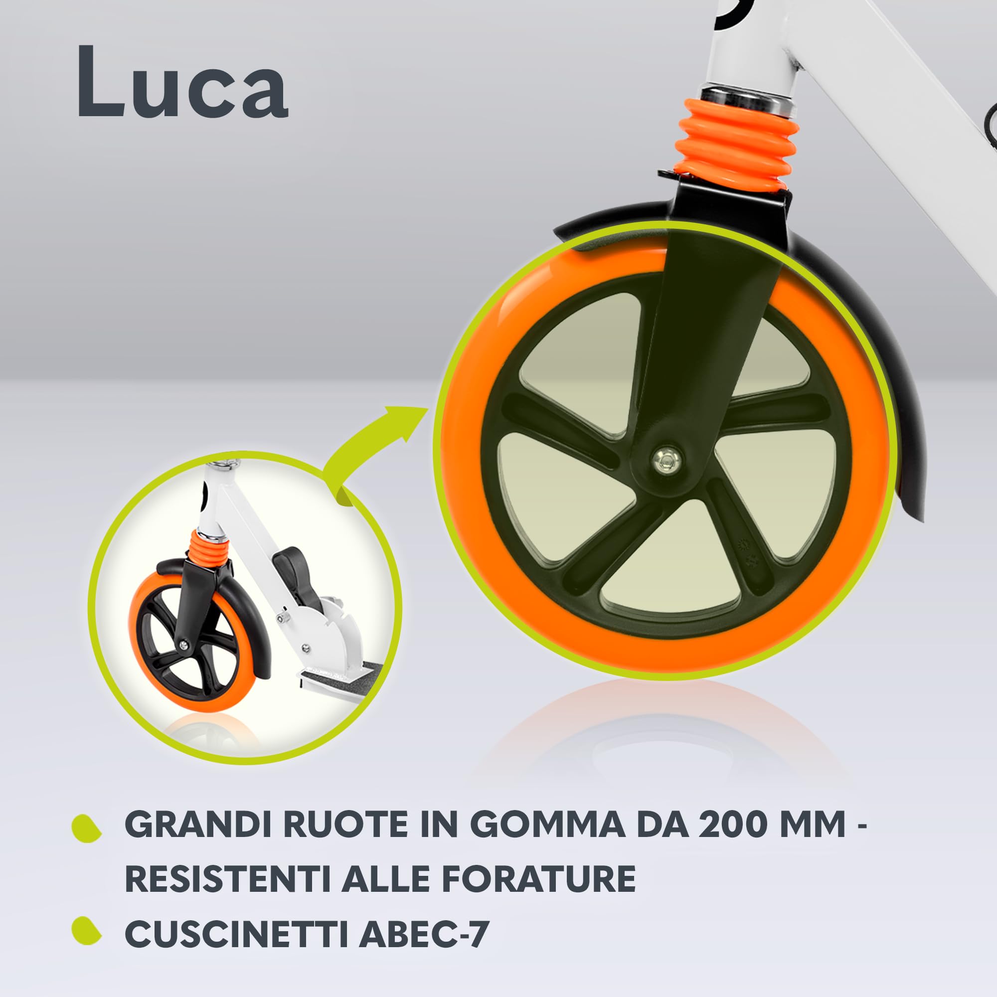 LIONELO LUCA Monopattino pieghevole per Bambini e adulti fino a 100kg, Regiolable e leggero solo 4kg, Costruzione solida, Ruote 20cm, Ammortizzatori ShockResist, Freno posteriore, Antiscivolo