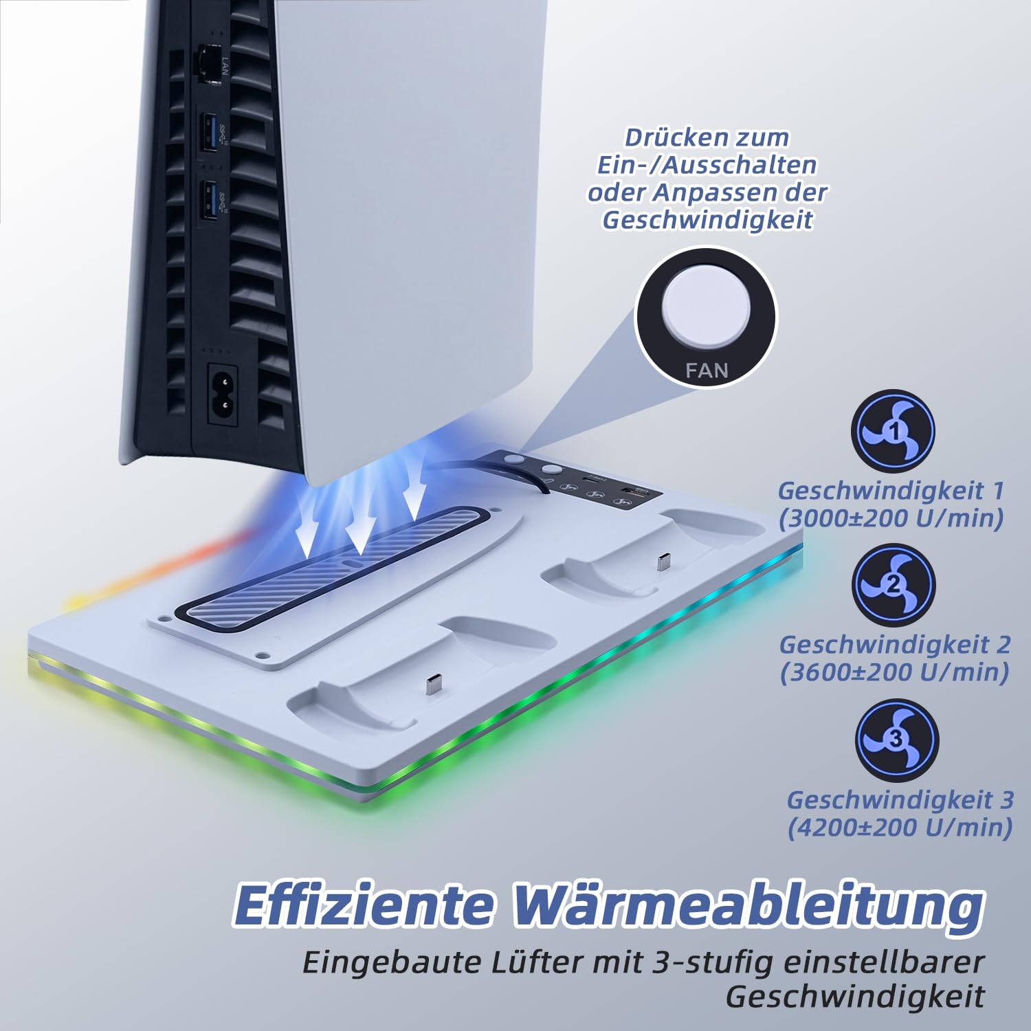 Wigearss PS5/PS5 Slim/PS5 Pro Kühler Standfuß mit Dual Controller Ladegerät, PS5 Controller Ladestation Standfuß mit Lüfter, RGB Licht für PS5/PS5 Slim/PS5 PRO UHD/Digital Edition