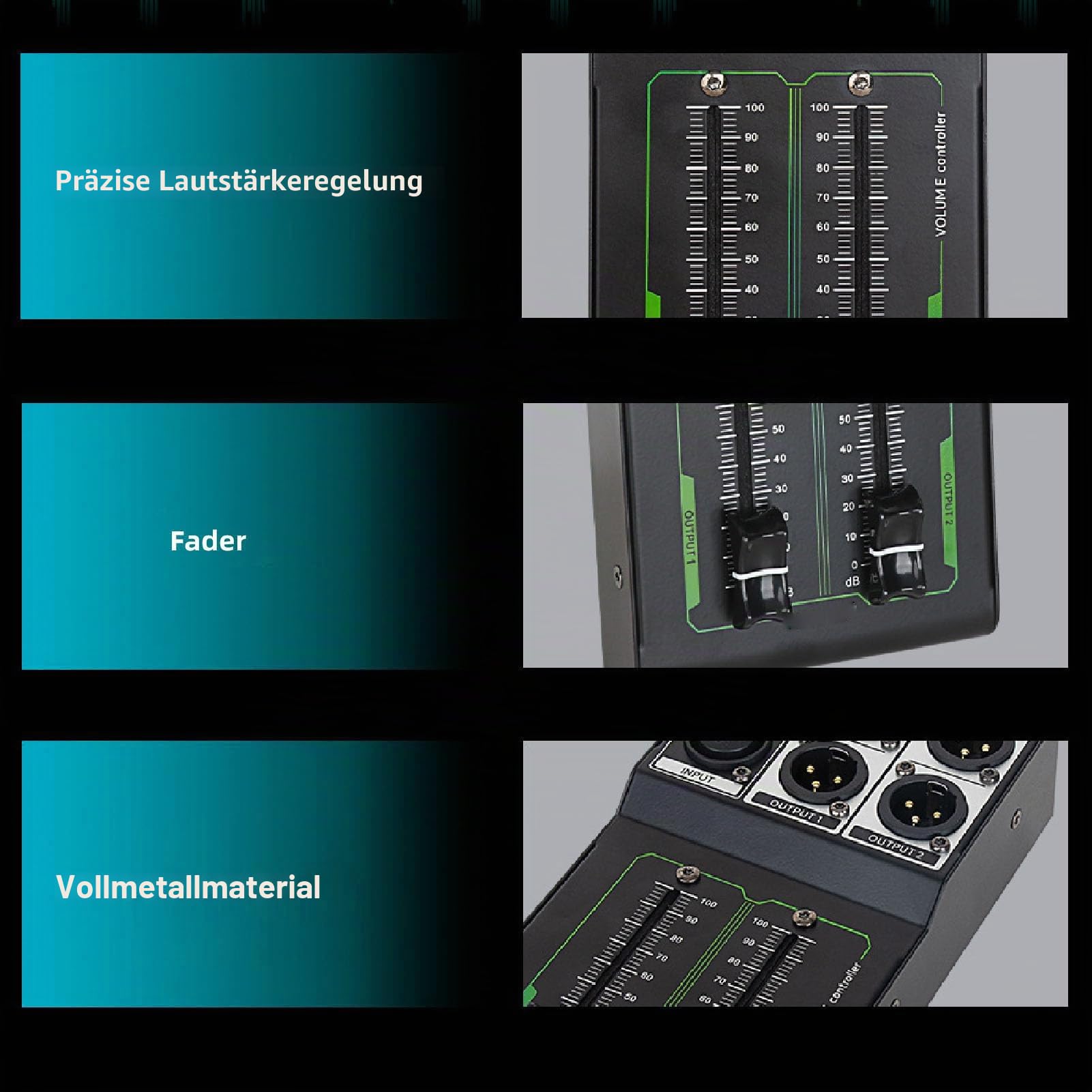 Passiver Lautstärkeregler Ganzmetall, Passiver Lautsprecher Lautstärkeregler 1 in 2 Out, Stereo Lautstärkeregler mit Erweitertem 70mm Fader für Studio- und Heim Soundsysteme