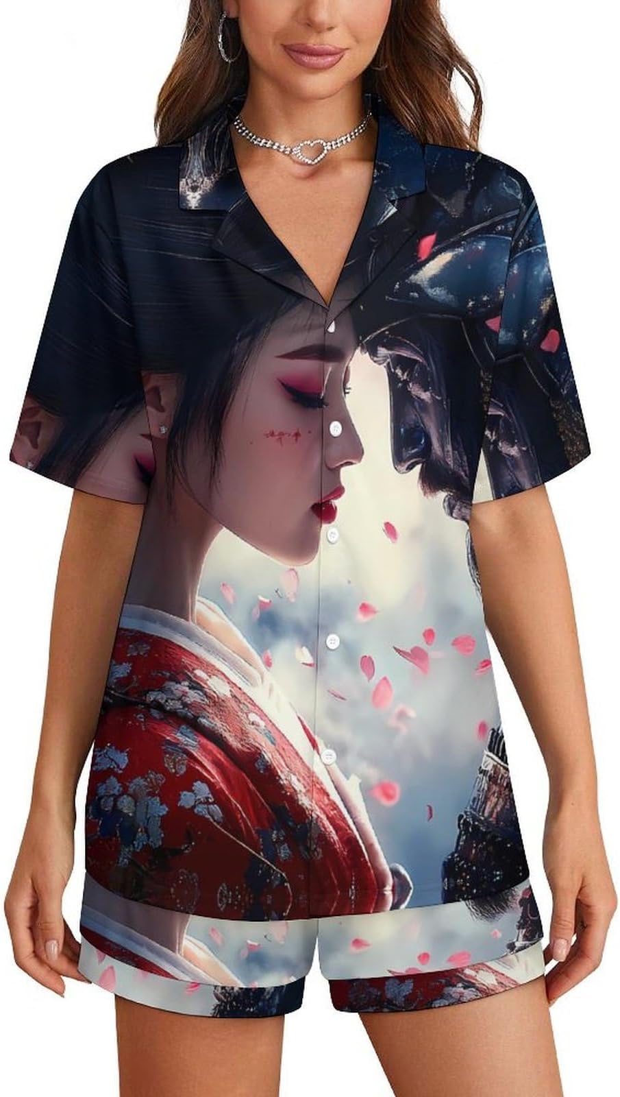 Geisha And Samurai Women's Pyjama Sets Short Sleeve Button Top & Shorts Loungewear Soft Sleepwear