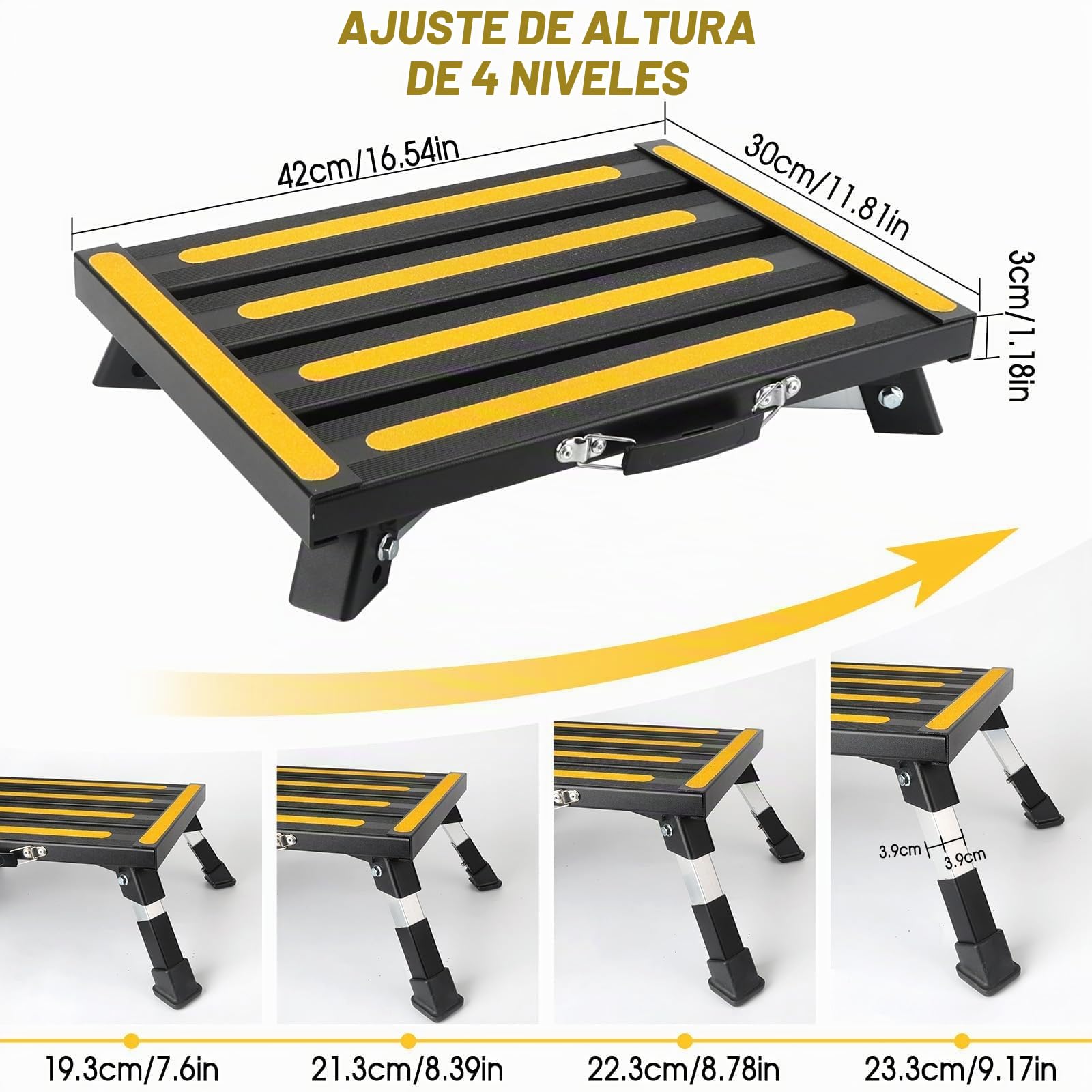 Taburete Plegable de Aluminio para Cocina, Baño, 42x30x3cm | Taburete Plegable con Alfombrilla Antideslizante, Altura Ajustable en 4 Niveles, Capacidad de Carga máxima de 250 kg Cam